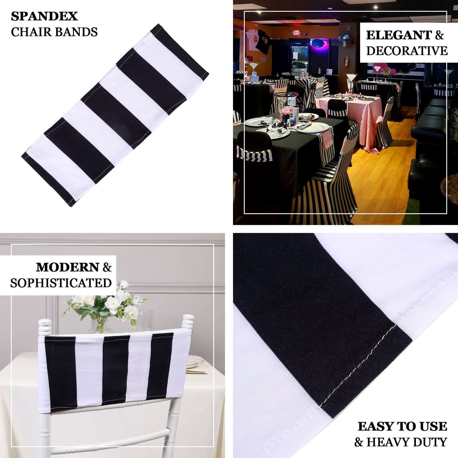 5 Pack Spandex Chair Sashes 5"x14" Black/White Vertical Stripes - Durable & Reusable Stretch Fitted Sash Bands for Exquisite & Romantic Weddings - Image 4