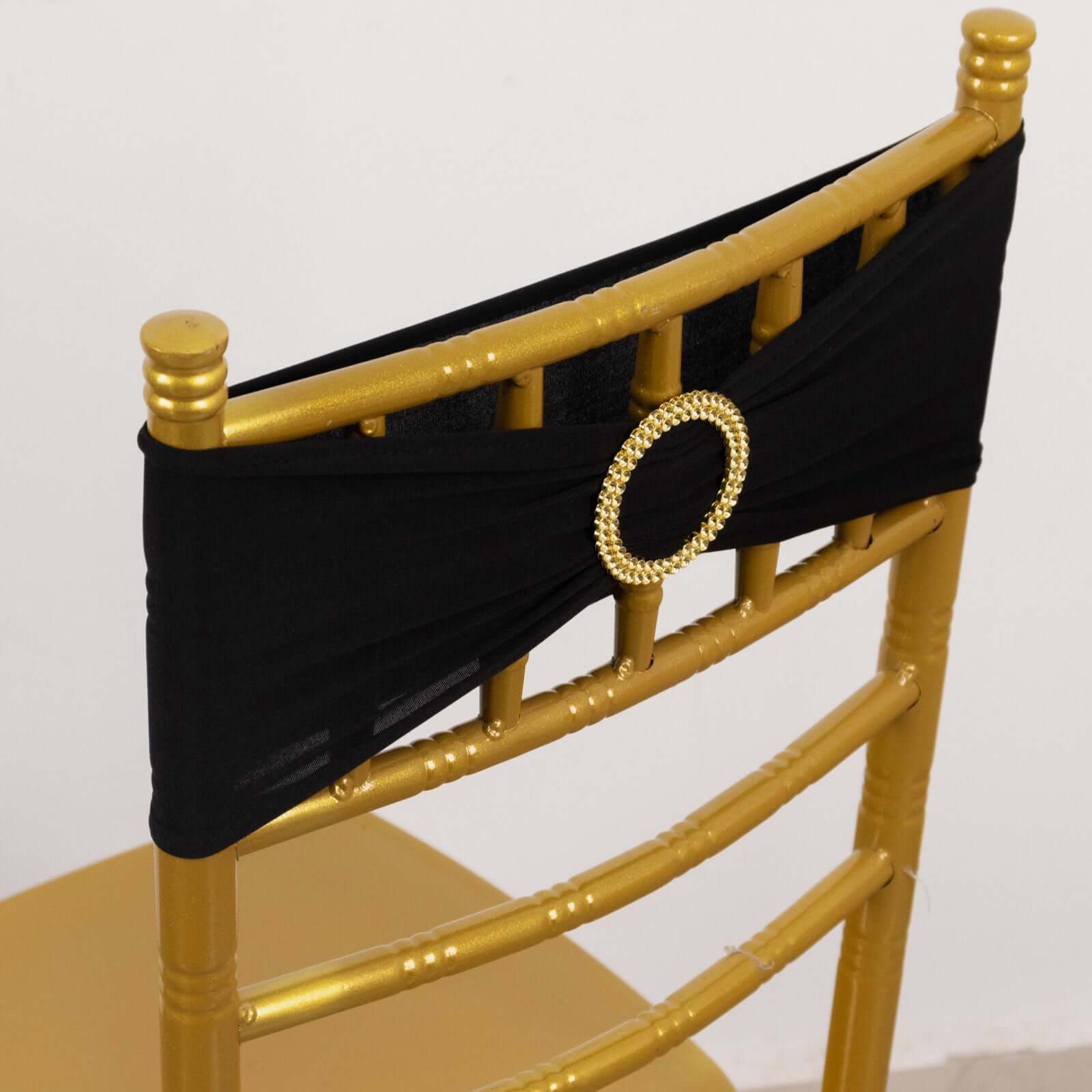 5 Pack Spandex Chair Sashes 5"x14" Black with Gold Rhinestone Buckles - Wrinkle-Free Stretch Chair Bands - Image 5