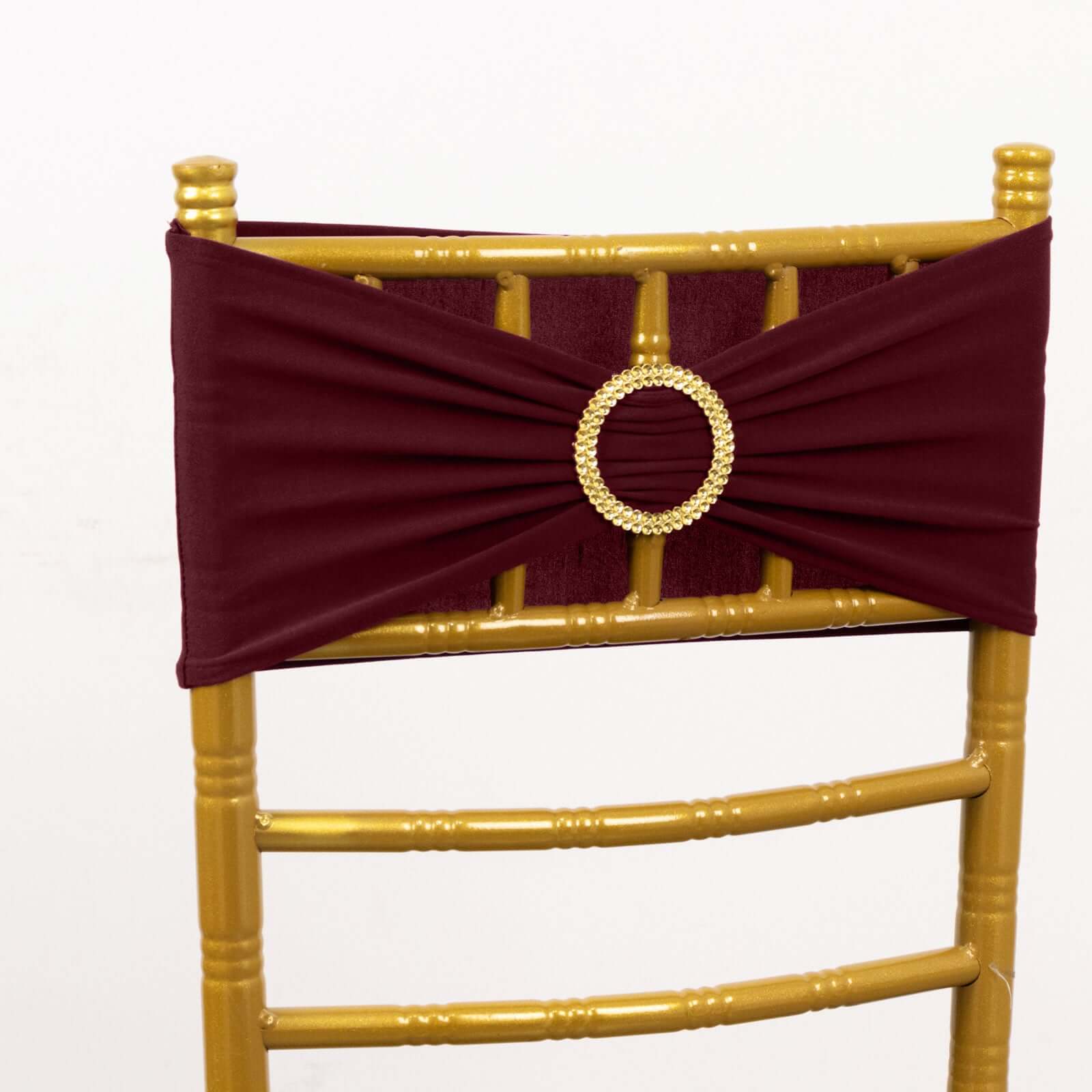 5 Pack Spandex Chair Sashes 5"x14" Burgundy with Gold Rhinestone Buckles - Wrinkle-Free Stretch Chair Bands - Image 5