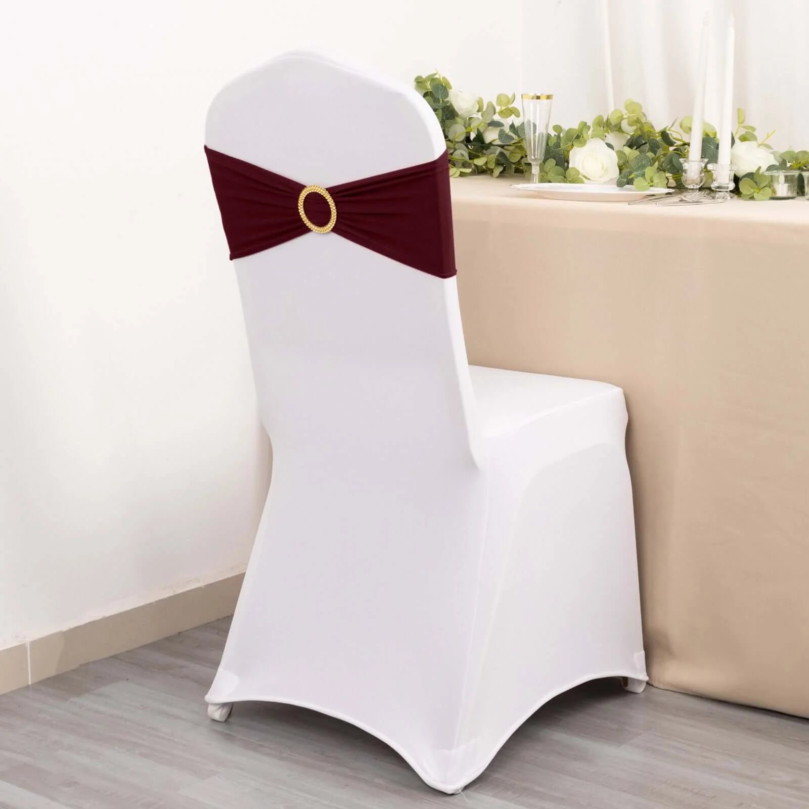 5 Pack Spandex Chair Sashes 5"x14" Burgundy with Gold Rhinestone Buckles - Wrinkle-Free Stretch Chair Bands - Image 6