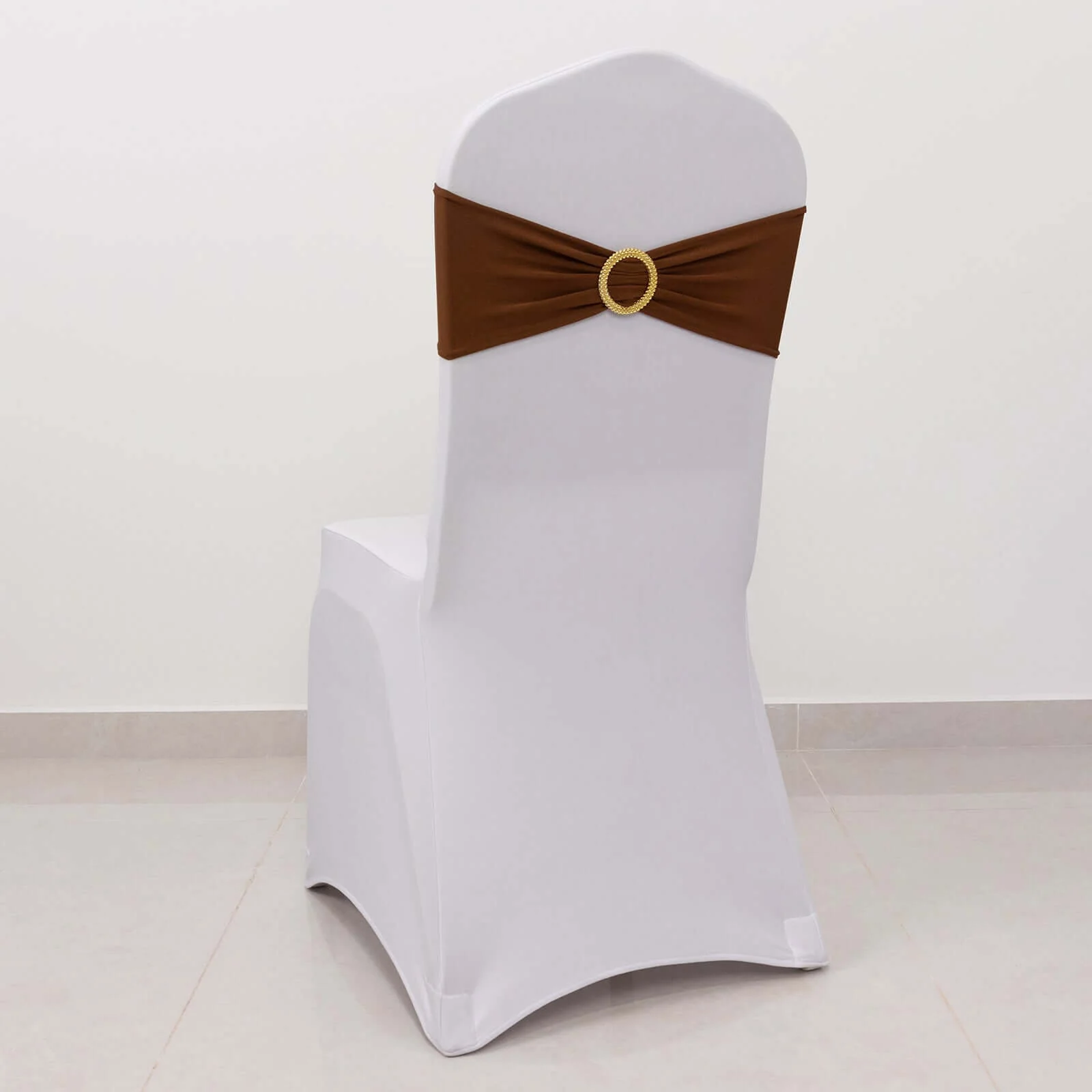 5 Pack Spandex Chair Sashes 5"x14" Cinnamon Brown with Gold Rhinestone Buckles - Wrinkle-Free Stretch Chair Bands