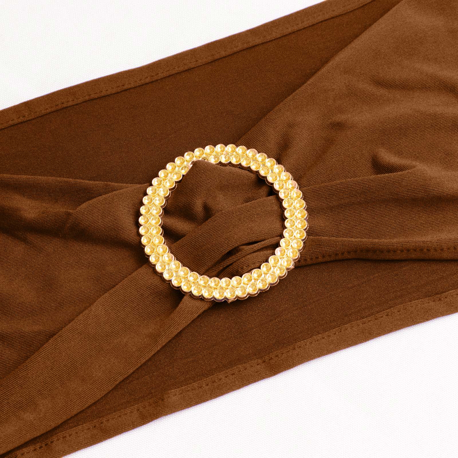 5 Pack Spandex Chair Sashes 5"x14" Cinnamon Brown with Gold Rhinestone Buckles - Wrinkle-Free Stretch Chair Bands - Image 2