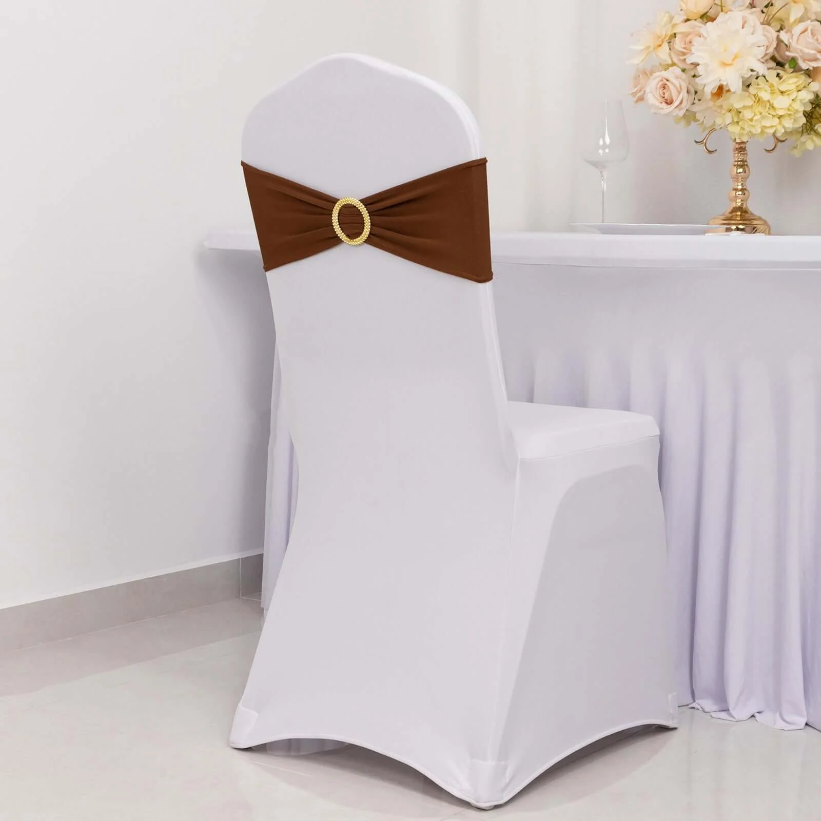 5 Pack Spandex Chair Sashes 5"x14" Cinnamon Brown with Gold Rhinestone Buckles - Wrinkle-Free Stretch Chair Bands - Image 3