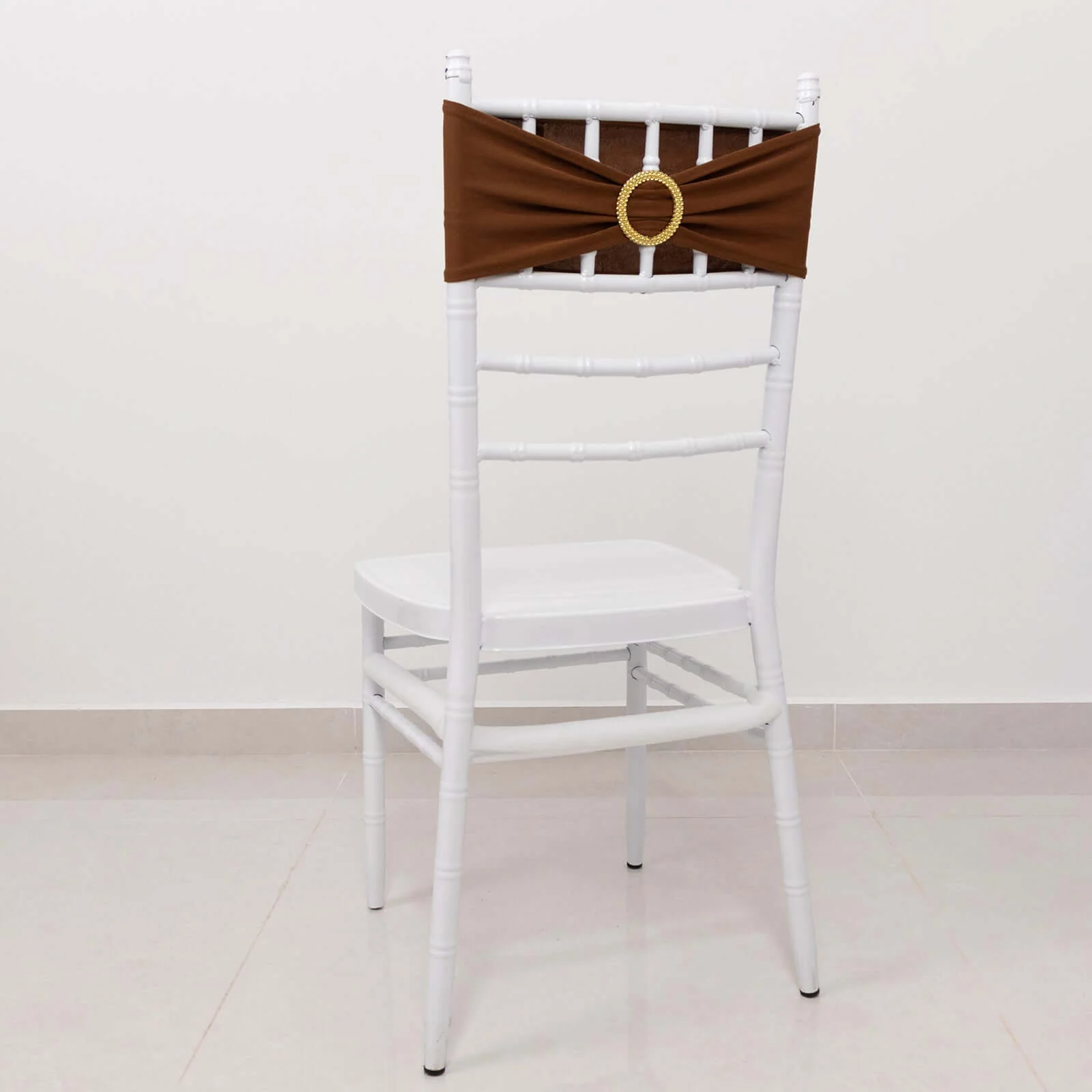 5 Pack Spandex Chair Sashes 5"x14" Cinnamon Brown with Gold Rhinestone Buckles - Wrinkle-Free Stretch Chair Bands - Image 6