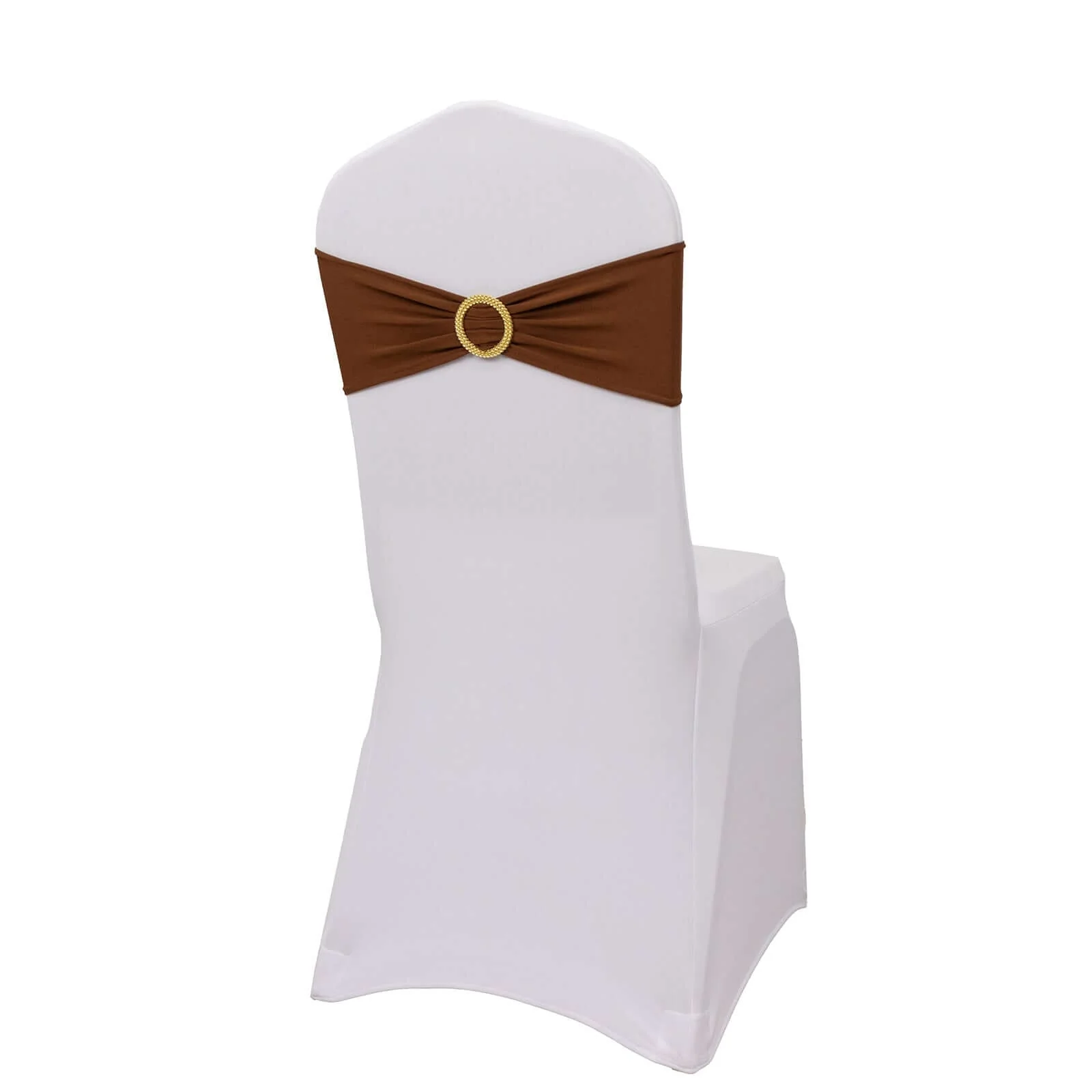 5 Pack Spandex Chair Sashes 5"x14" Cinnamon Brown with Gold Rhinestone Buckles - Wrinkle-Free Stretch Chair Bands - Image 7