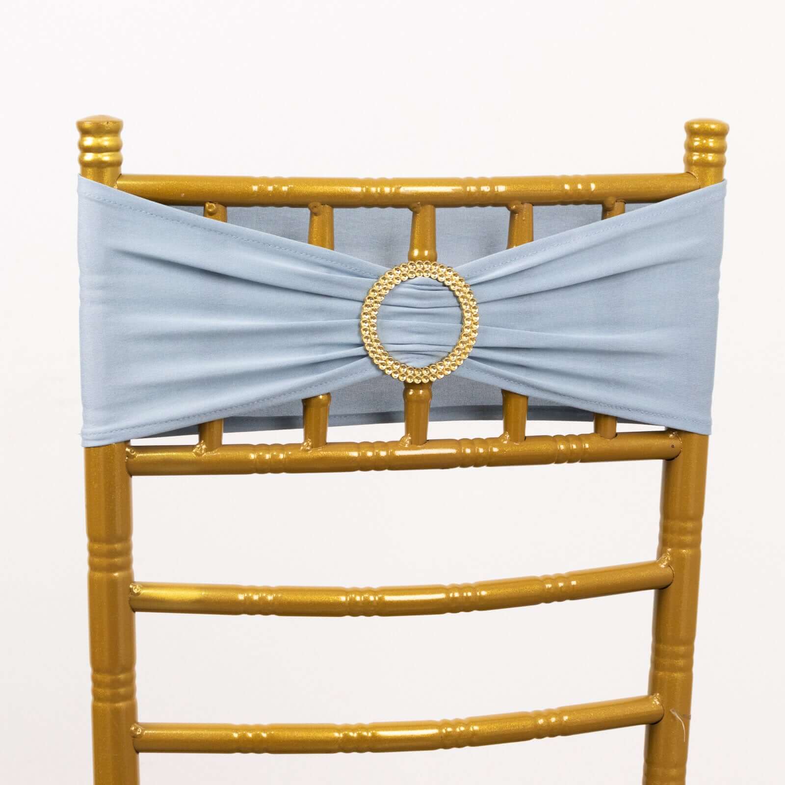 5 Pack Spandex Chair Sashes 5"x14" Dusty Blue with Gold Rhinestone Buckles - Wrinkle-Free Stretch Chair Bands - Image 5