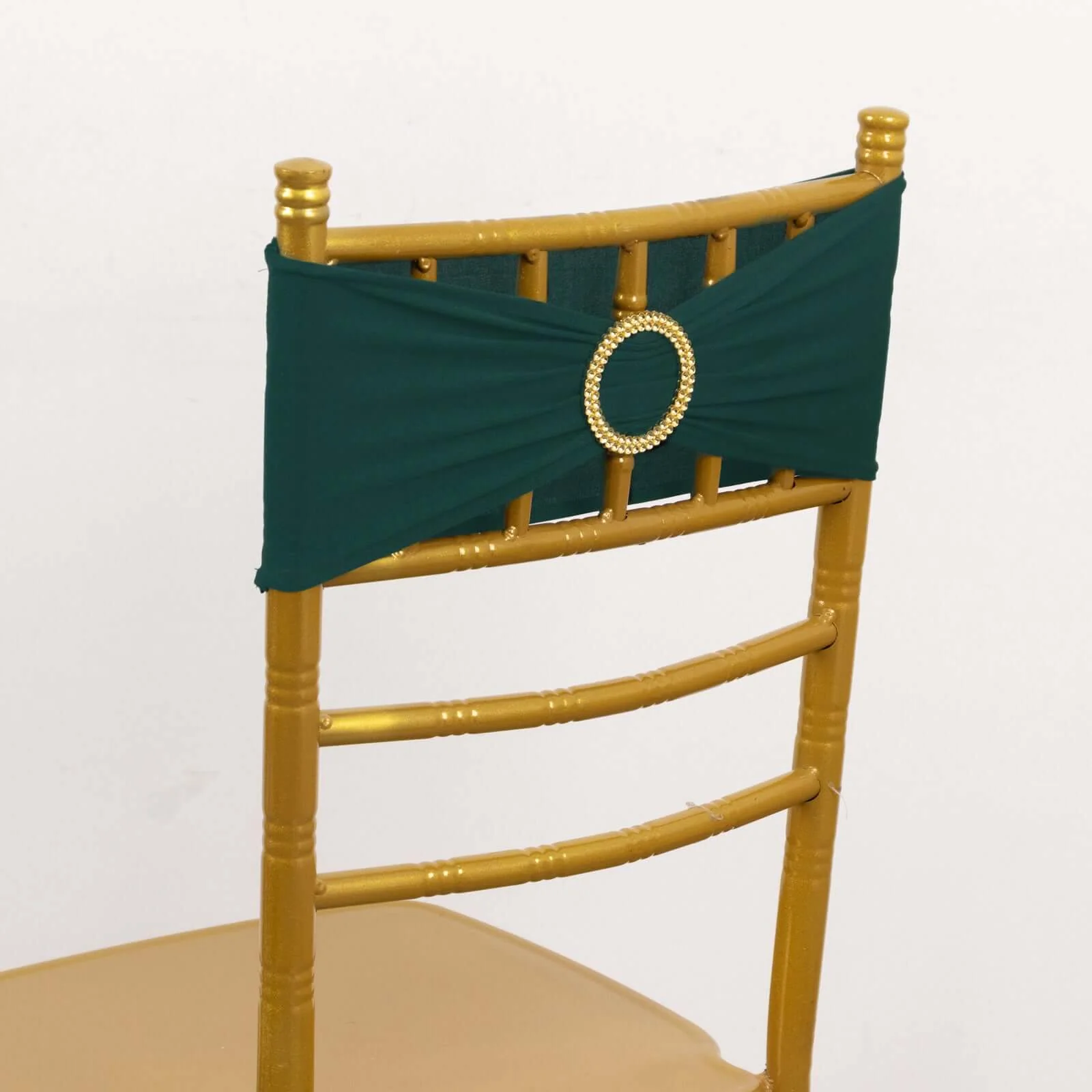 5 Pack Spandex Chair Sashes 5"x14" Hunter Emerald Green with Gold Rhinestone Buckles - Wrinkle-Free Stretch Chair Bands - Image 5