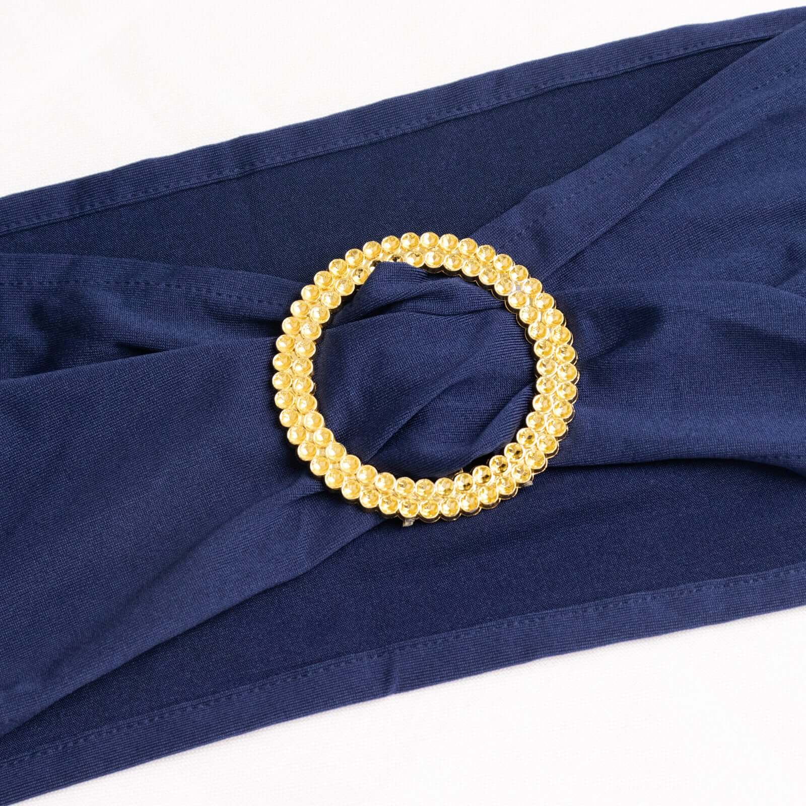 5 Pack Spandex Chair Sashes 5"x14" Navy Blue with Gold Rhinestone Buckles - Wrinkle-Free Stretch Chair Bands - Image 2