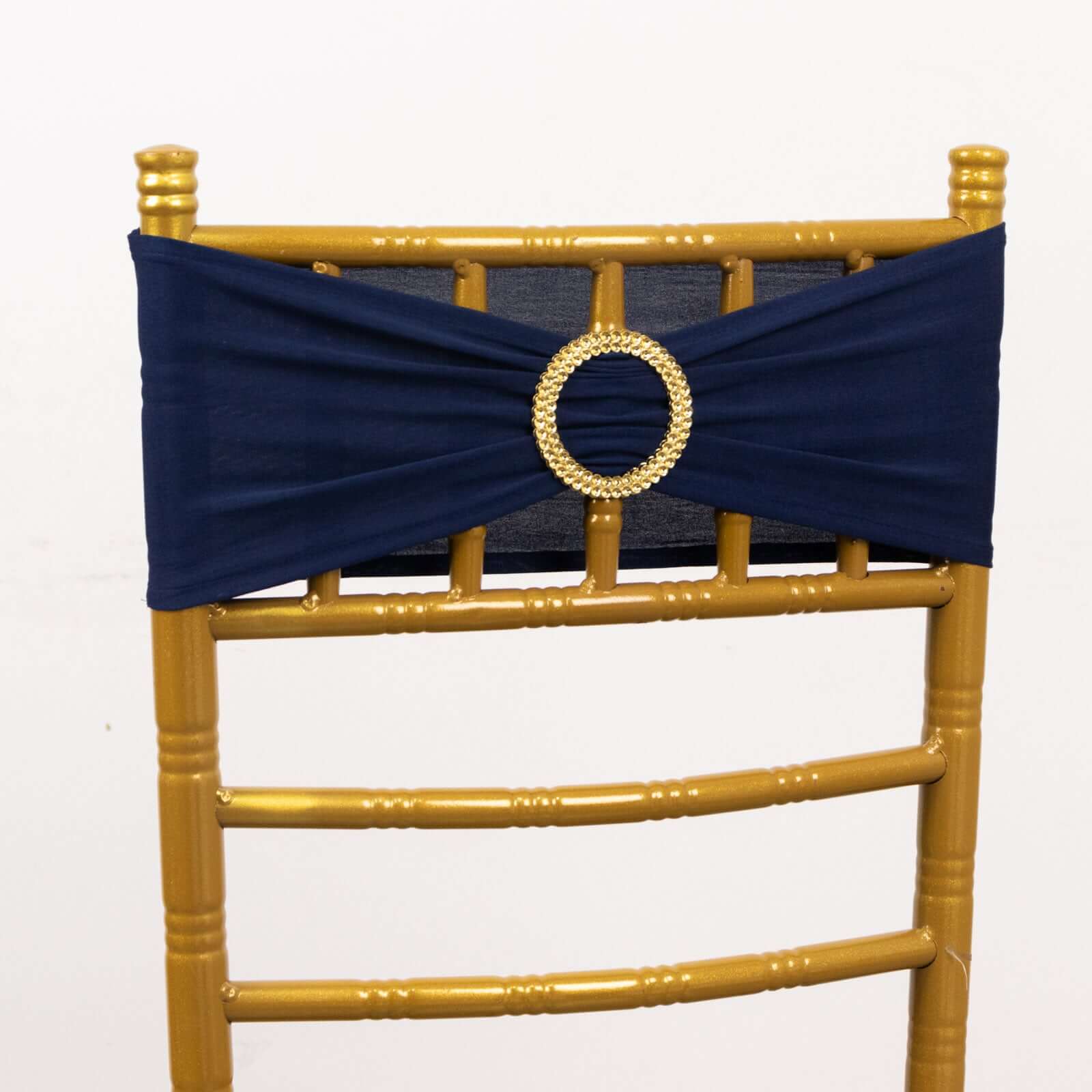 5 Pack Spandex Chair Sashes 5"x14" Navy Blue with Gold Rhinestone Buckles - Wrinkle-Free Stretch Chair Bands - Image 5