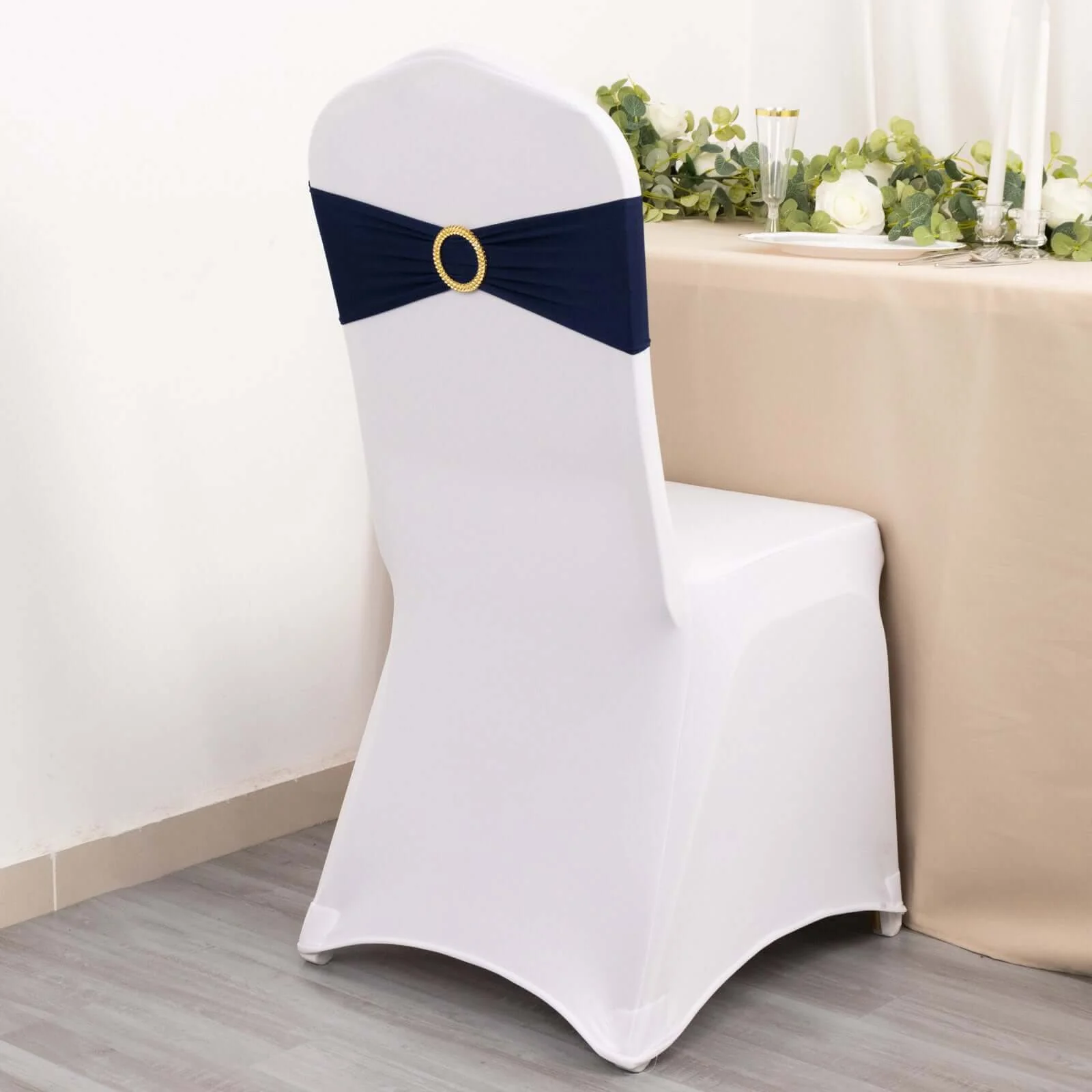 5 Pack Spandex Chair Sashes 5"x14" Navy Blue with Gold Rhinestone Buckles - Wrinkle-Free Stretch Chair Bands - Image 6