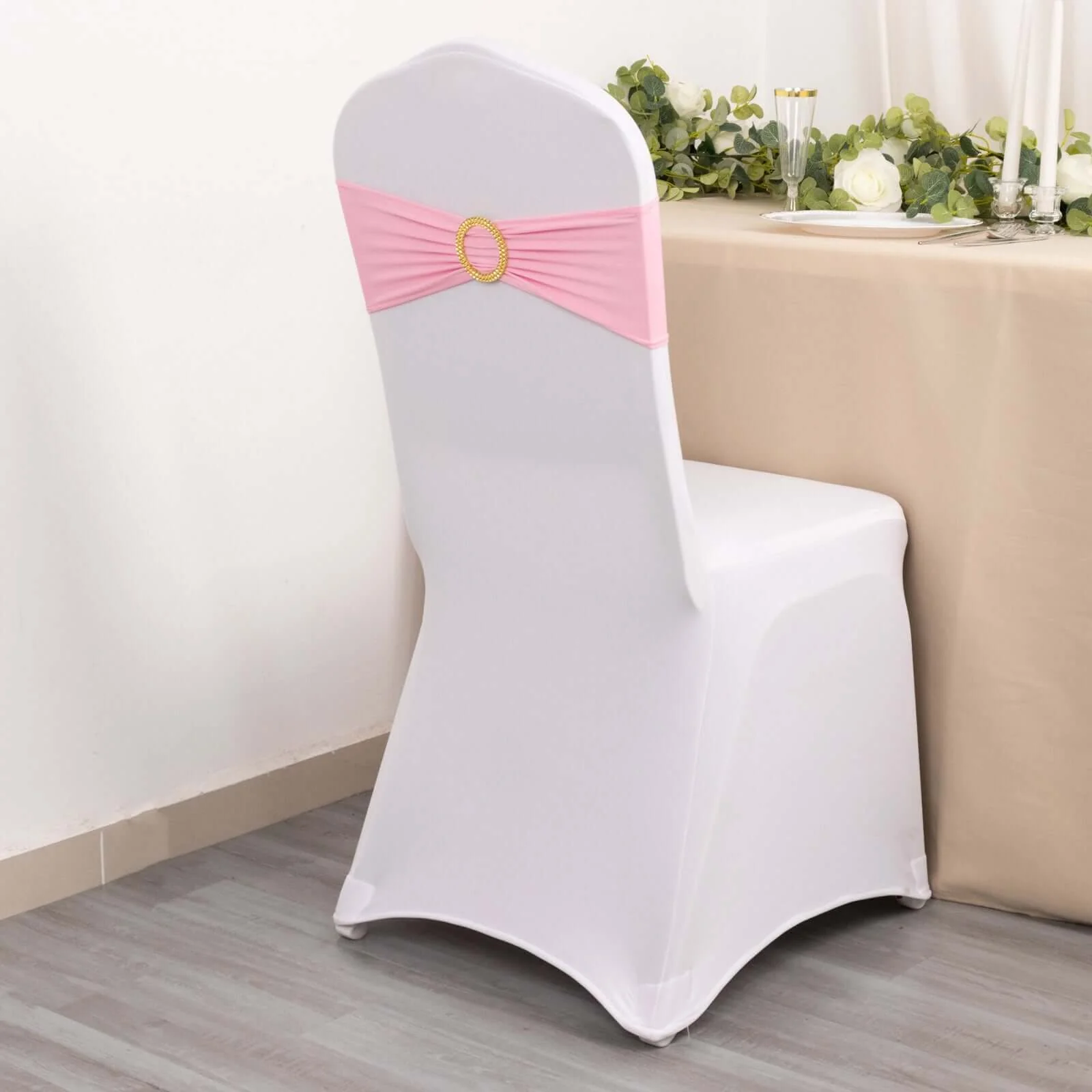 5 Pack Spandex Chair Sashes 5"x14" Pink with Gold Rhinestone Buckles - Wrinkle-Free Stretch Chair Bands - Image 5