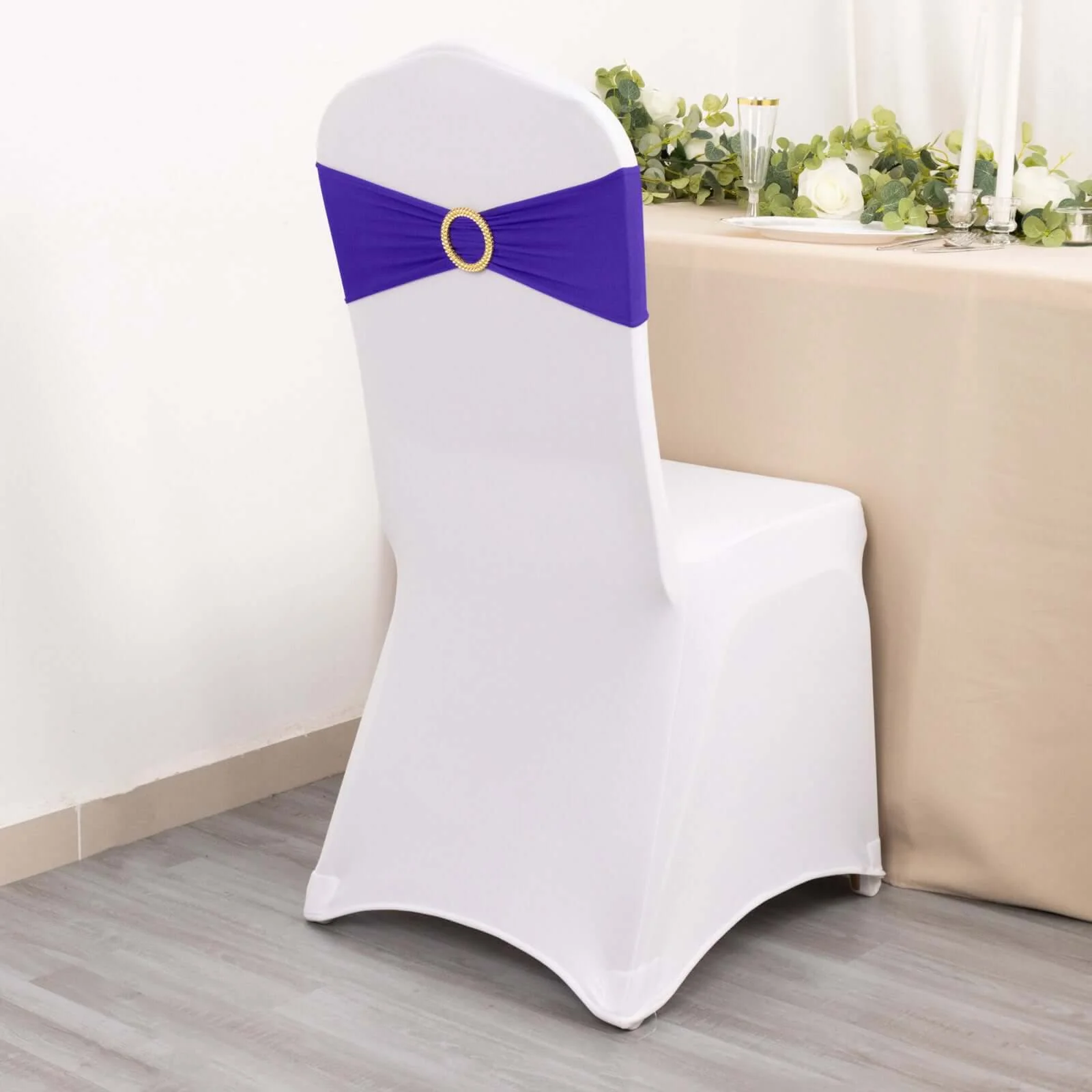 5 Pack Spandex Chair Sashes 5"x14" Purple with Gold Rhinestone Buckles - Wrinkle-Free Stretch Chair Bands - Image 6