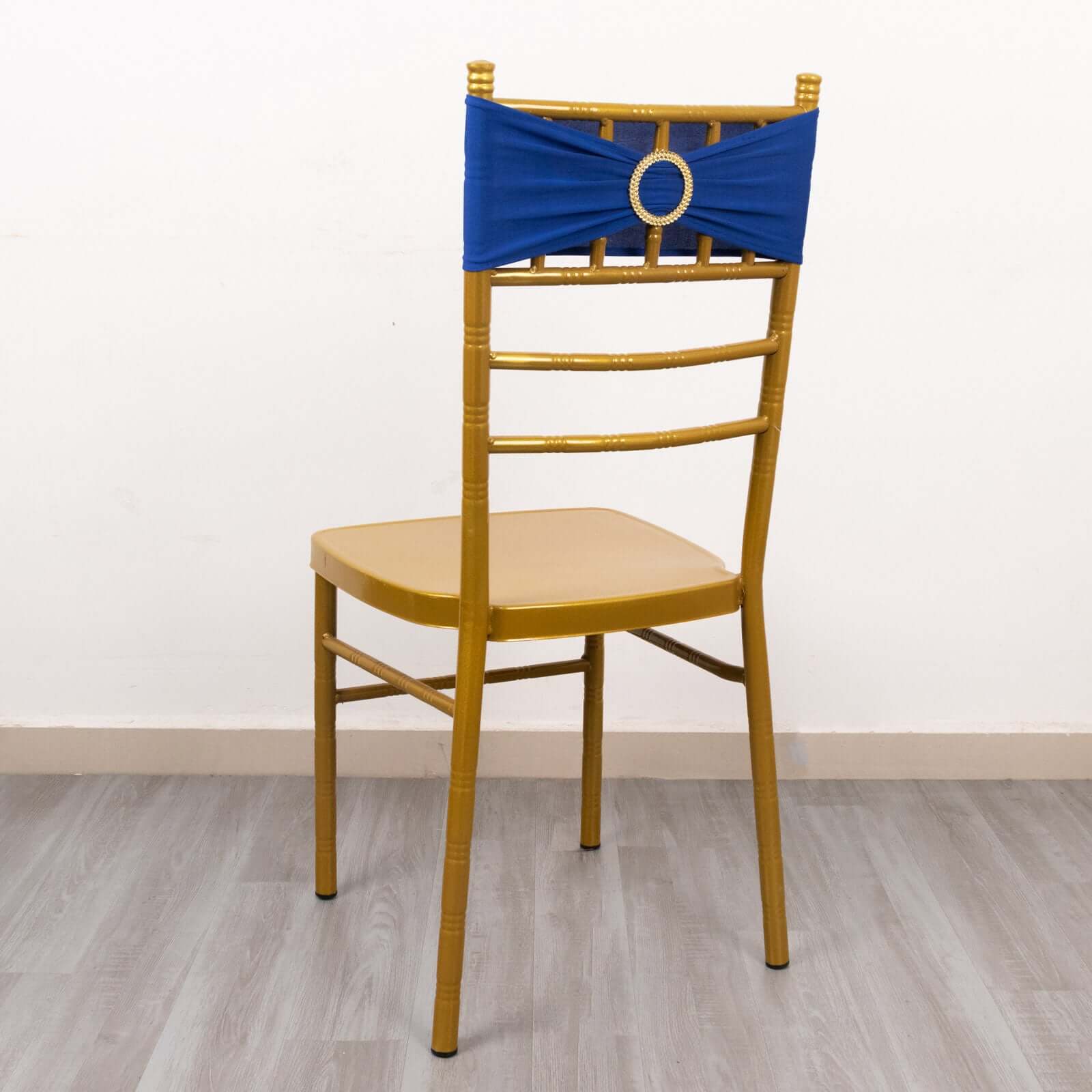 5 Pack Spandex Chair Sashes 5"x14" Royal Blue with Gold Rhinestone Buckles - Wrinkle-Free Stretch Chair Bands - Image 6