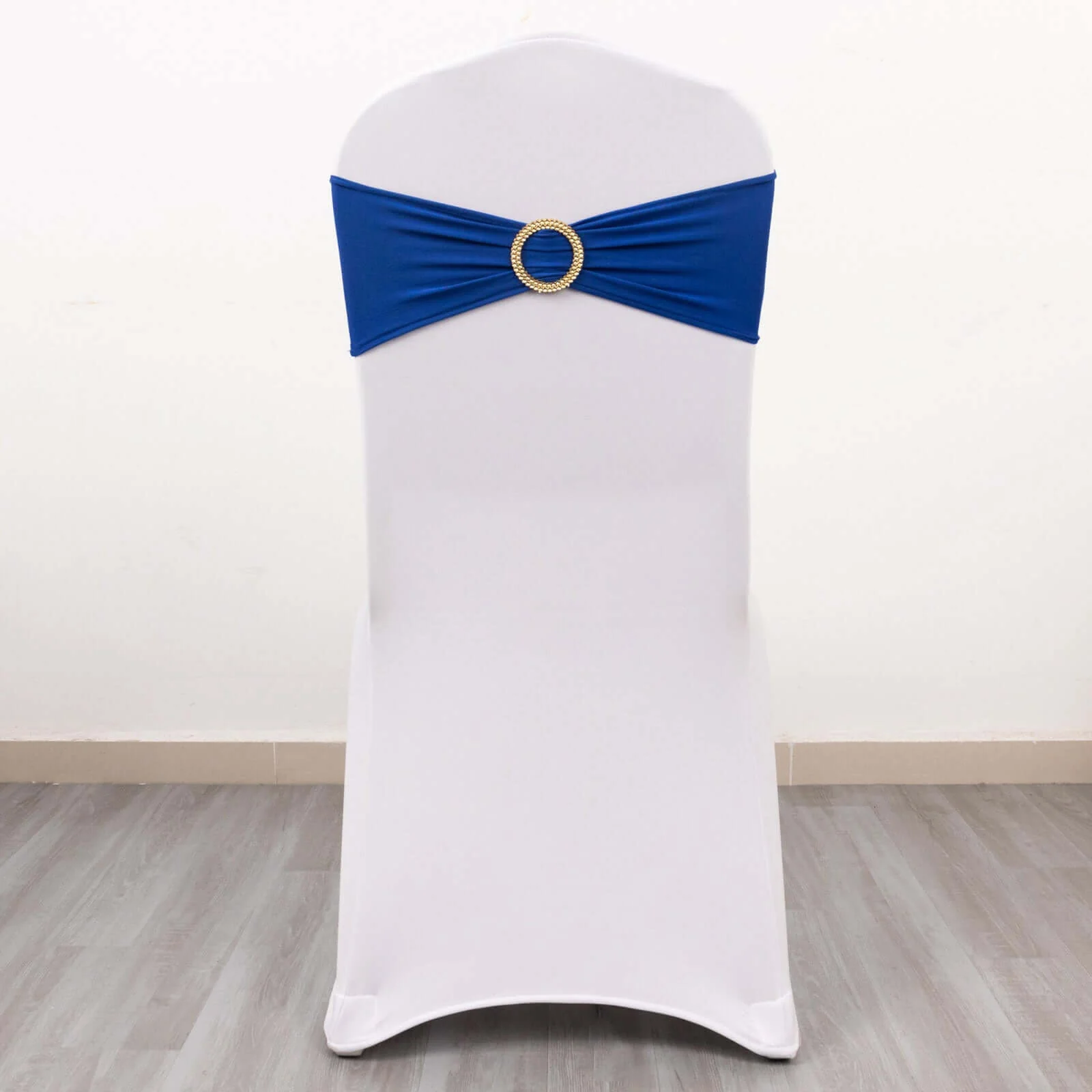 5 Pack Spandex Chair Sashes 5"x14" Royal Blue with Gold Rhinestone Buckles - Wrinkle-Free Stretch Chair Bands - Image 7