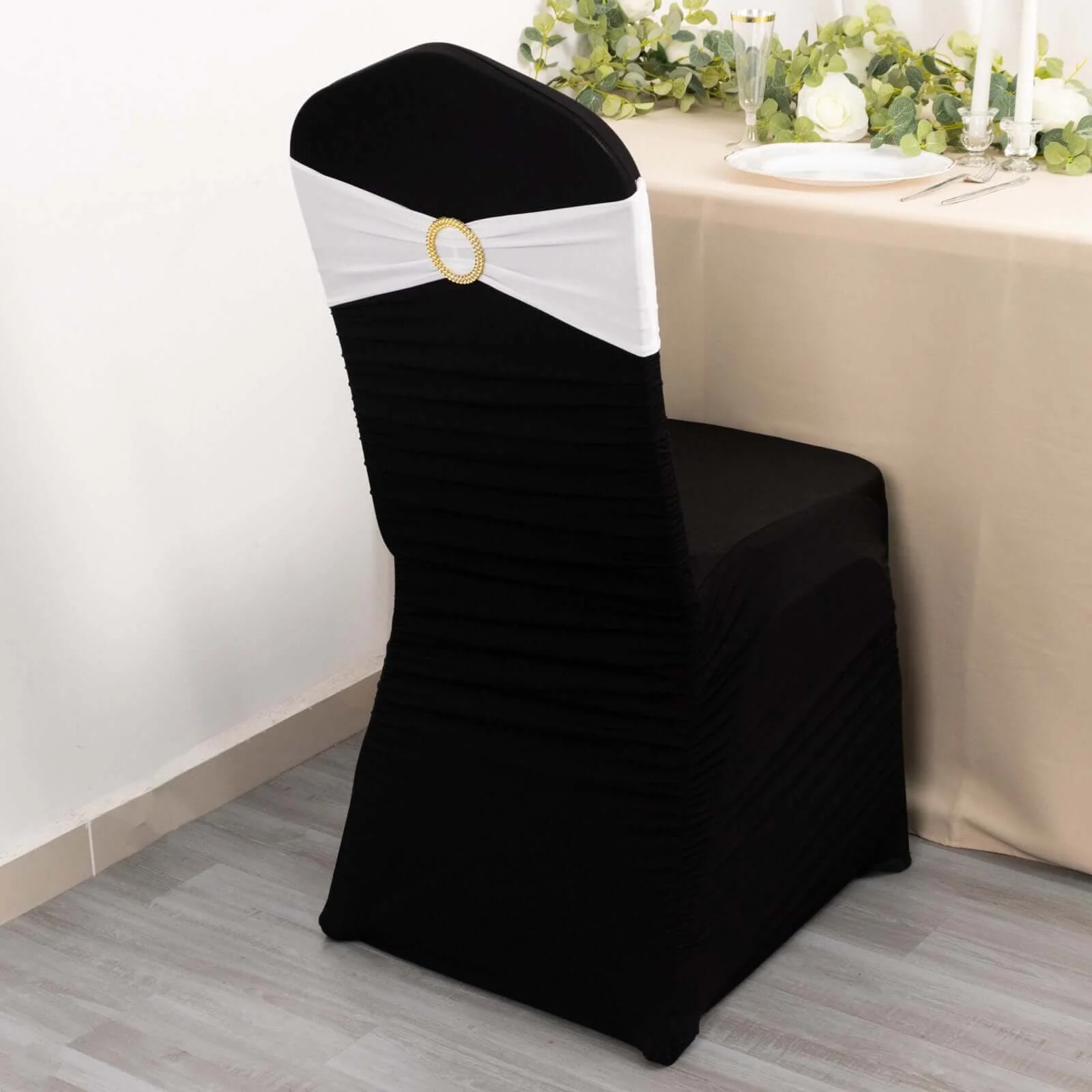 5 Pack Spandex Chair Sashes 5"x14" White with Gold Rhinestone Buckles - Stylish Wrinkle-Free Stretch Chair Bands Event Decorations - Image 6