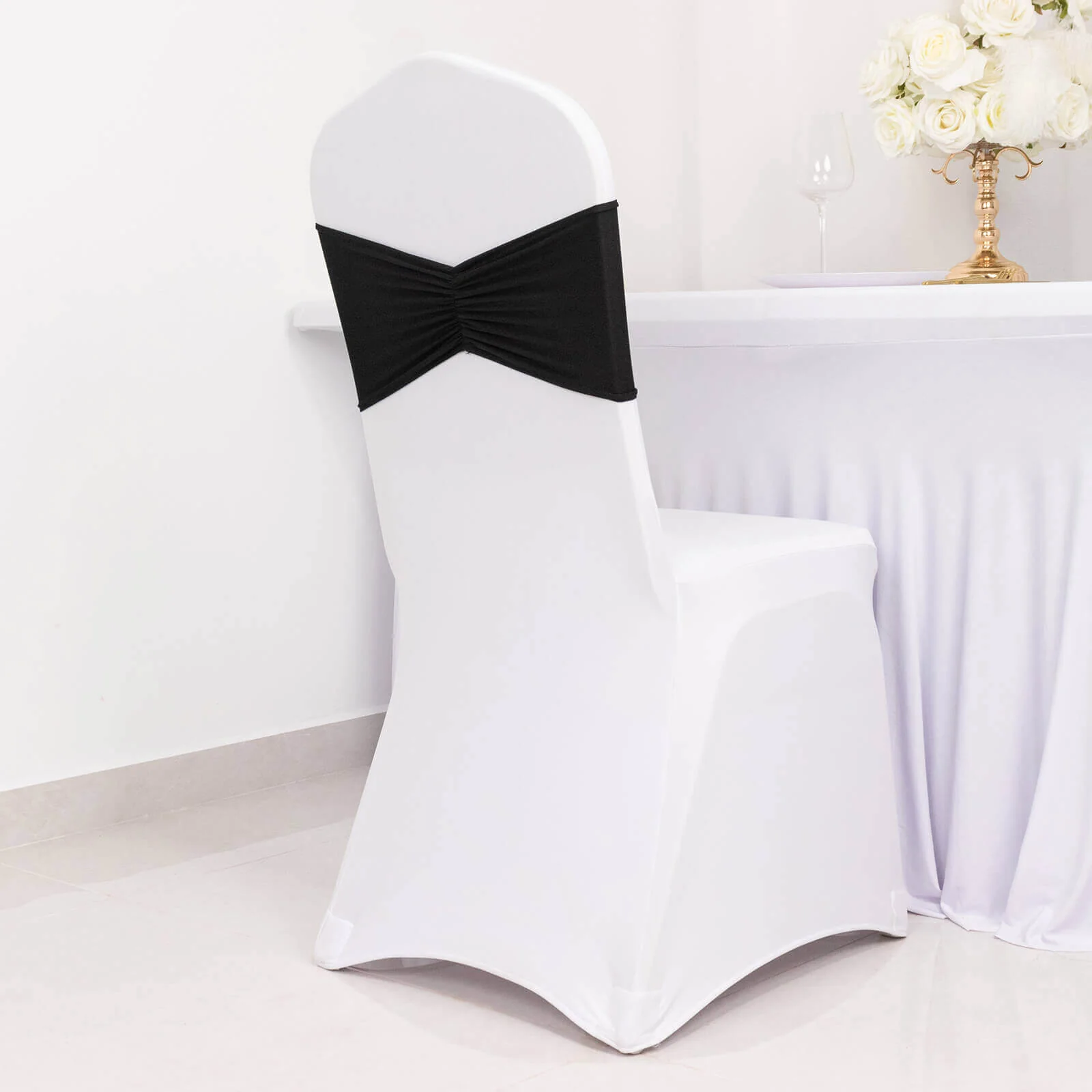 5 Pack Spandex Chair Sashes 8"x13" Black Ruffled Style - Wide Wrinkle-Free Stretch Chair Bands - Image 2