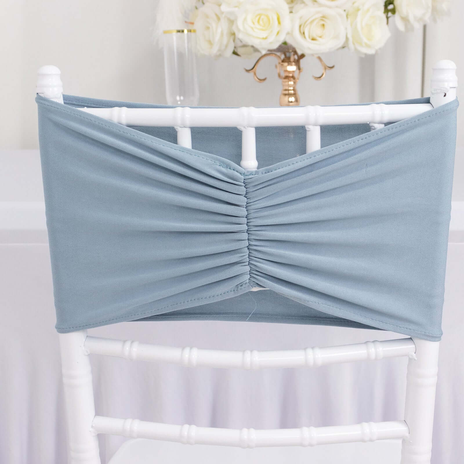 5 Pack Spandex Chair Sashes 8"x13" Dusty Blue Ruffled Style - Wide Wrinkle-Free Stretch Chair Bands - Image 3