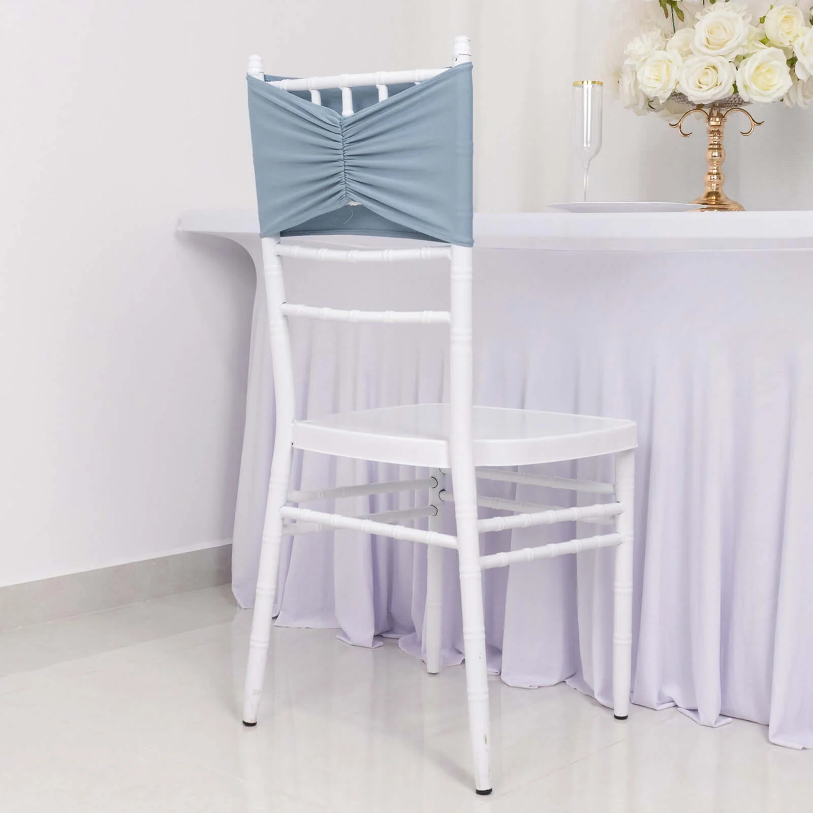5 Pack Spandex Chair Sashes 8"x13" Dusty Blue Ruffled Style - Wide Wrinkle-Free Stretch Chair Bands - Image 9