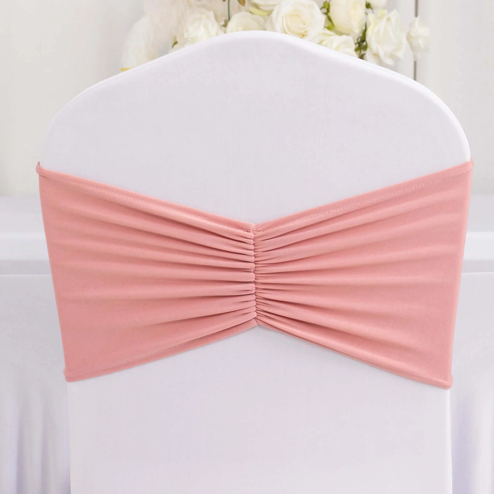 5 Pack Spandex Chair Sashes 8"x13" Dusty Rose Ruffled Style - Wide Wrinkle-Free Stretch Chair Bands