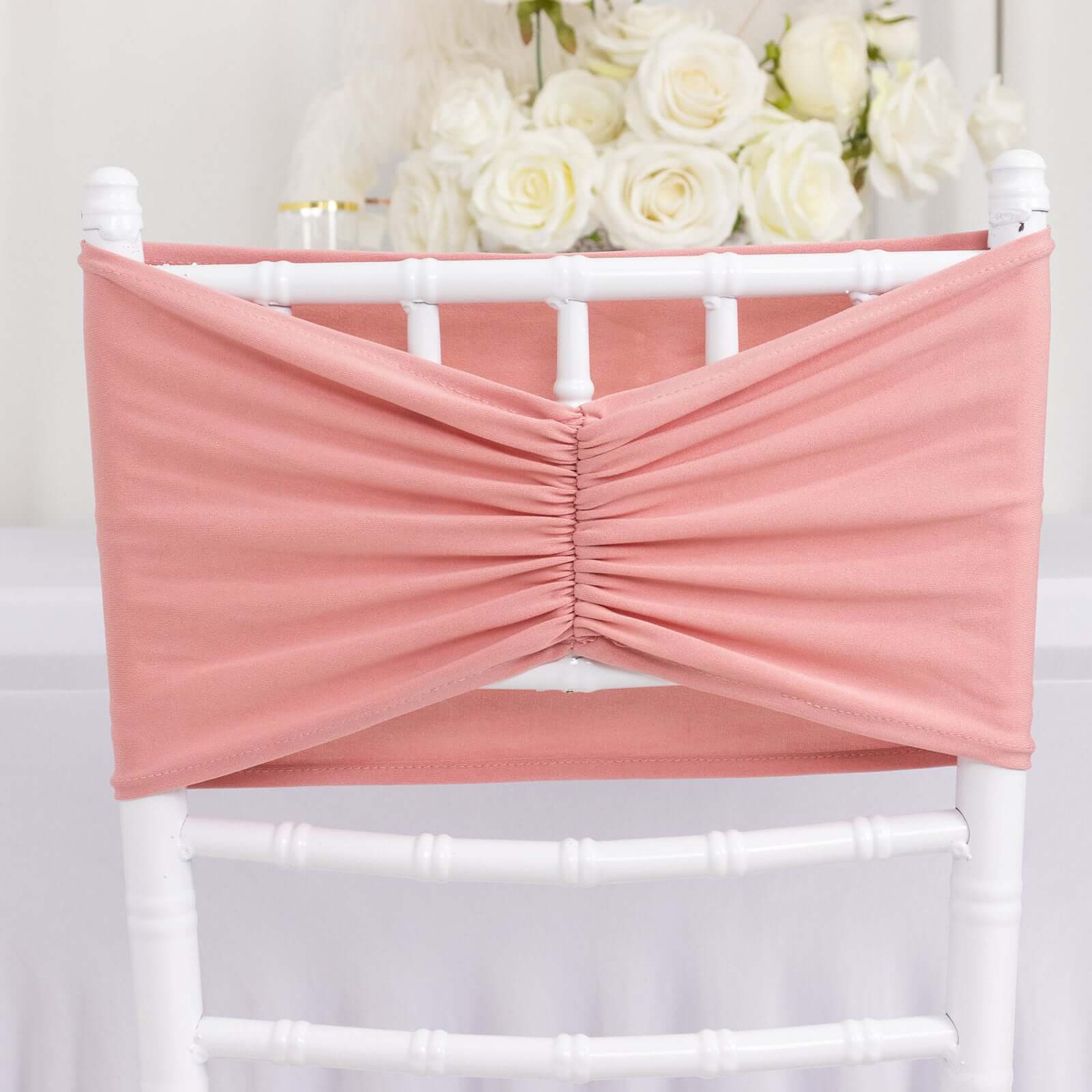 5 Pack Spandex Chair Sashes 8"x13" Dusty Rose Ruffled Style - Wide Wrinkle-Free Stretch Chair Bands - Image 3