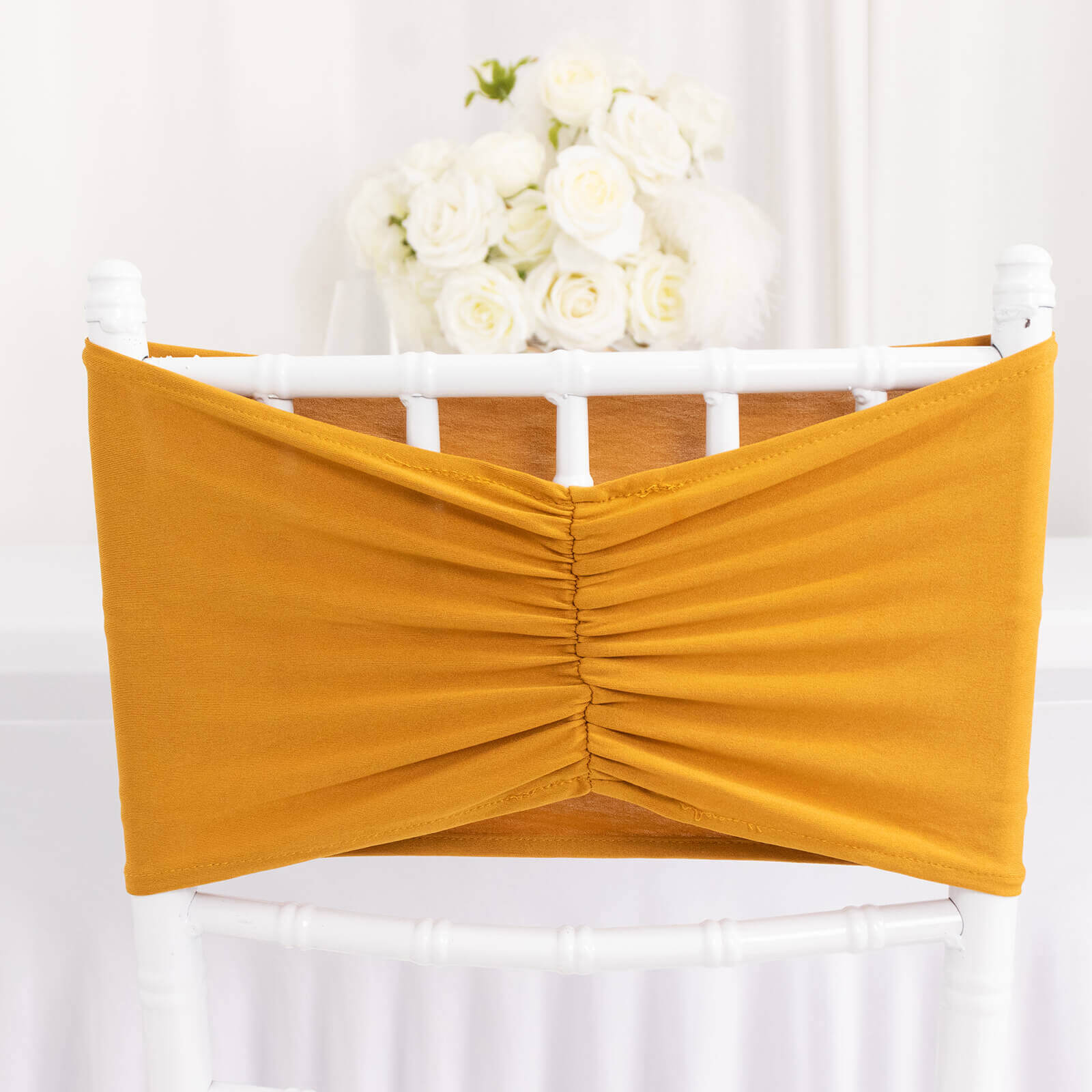 5 Pack Spandex Chair Sashes 8"x13" Gold Ruffled Style - Wide Wrinkle-Free Stretch Chair Bands for Professional-Looking Setups - Image 9