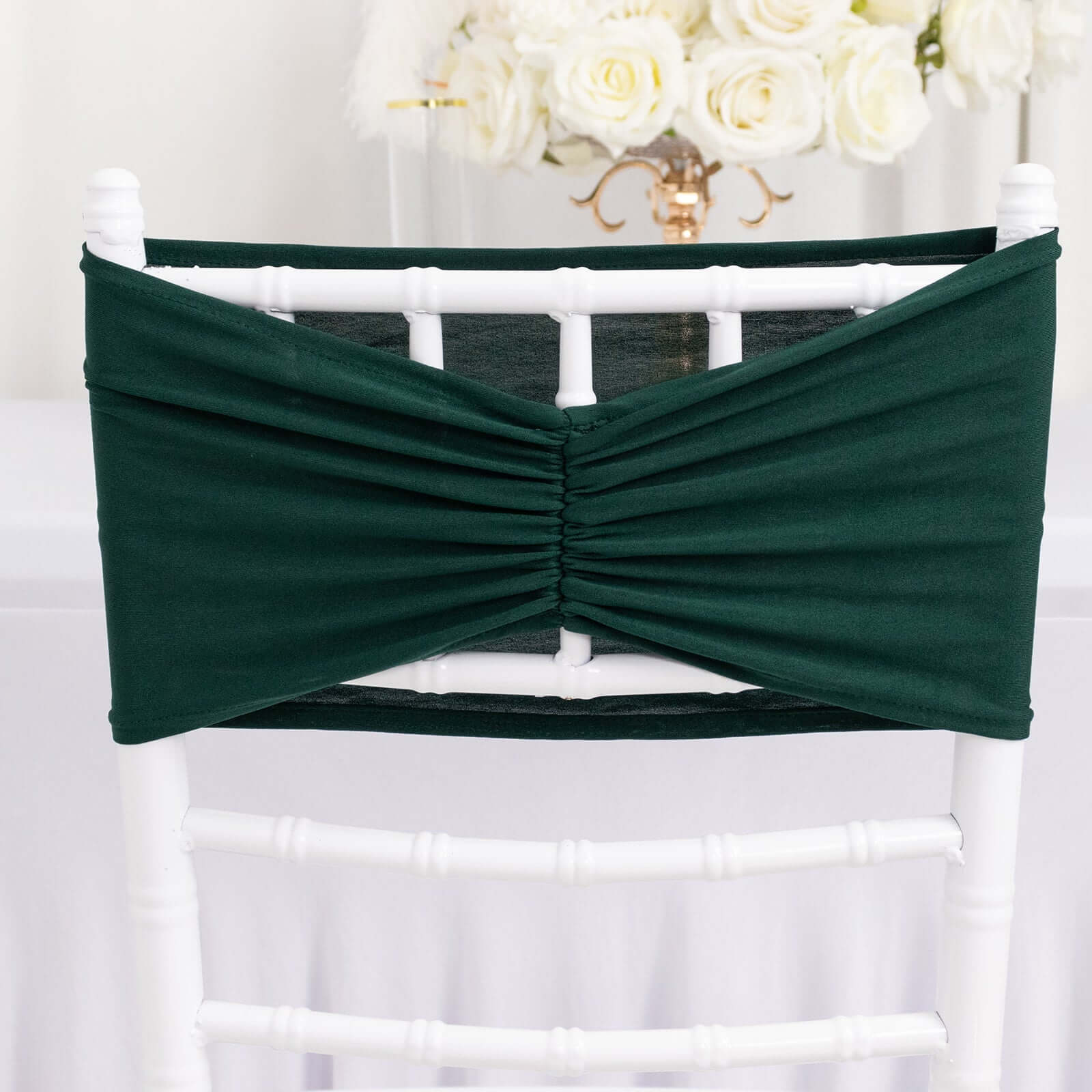 5 Pack Spandex Chair Sashes 8"x13" Hunter Emerald Green Ruffled Style - Wide Wrinkle-Free Stretch Chair Bands - Image 3