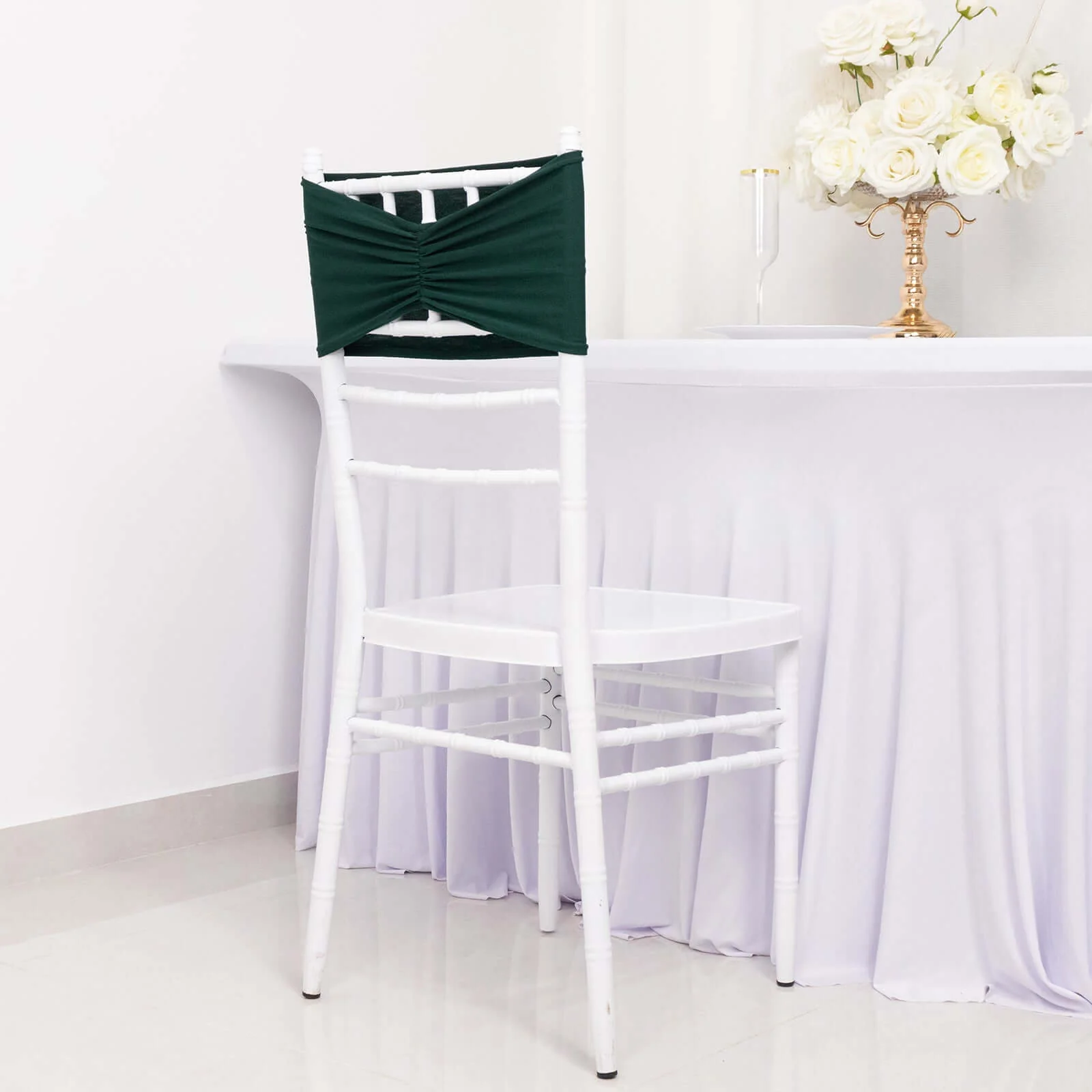 5 Pack Spandex Chair Sashes 8"x13" Hunter Emerald Green Ruffled Style - Wide Wrinkle-Free Stretch Chair Bands - Image 9