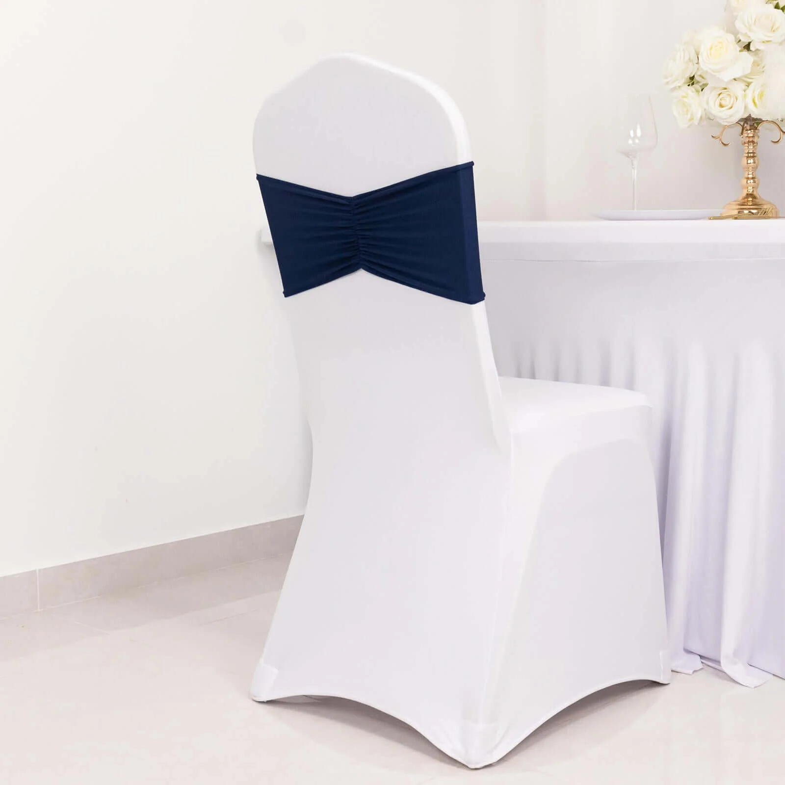 5 Pack Spandex Chair Sashes 8"x13" Navy Blue Ruffled Style - Wide Wrinkle-Free Stretch Chair Bands - Image 2
