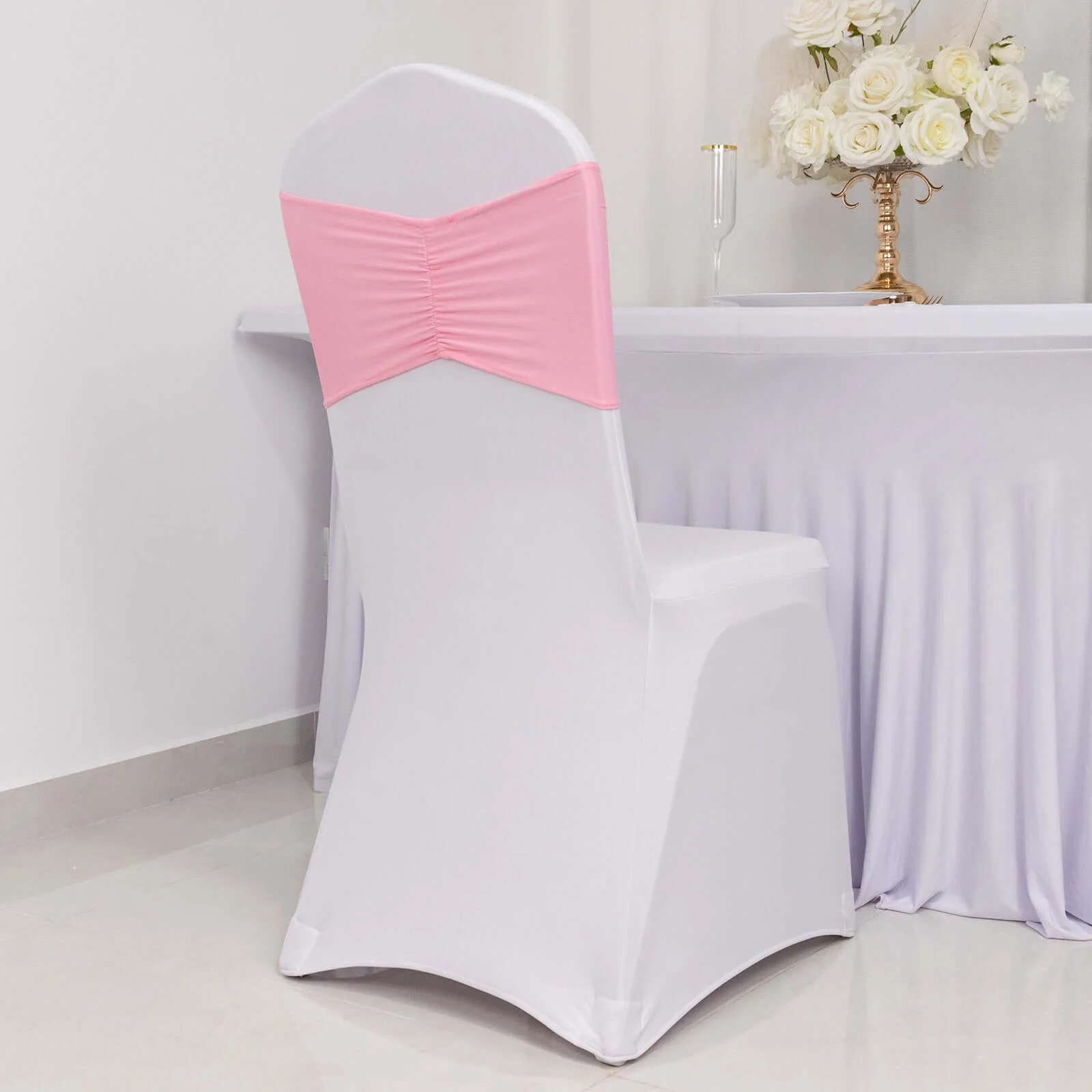 5 Pack Spandex Chair Sashes 8"x13" Pink Ruffled Style - Wide Wrinkle-Free Stretch Chair Bands - Image 2