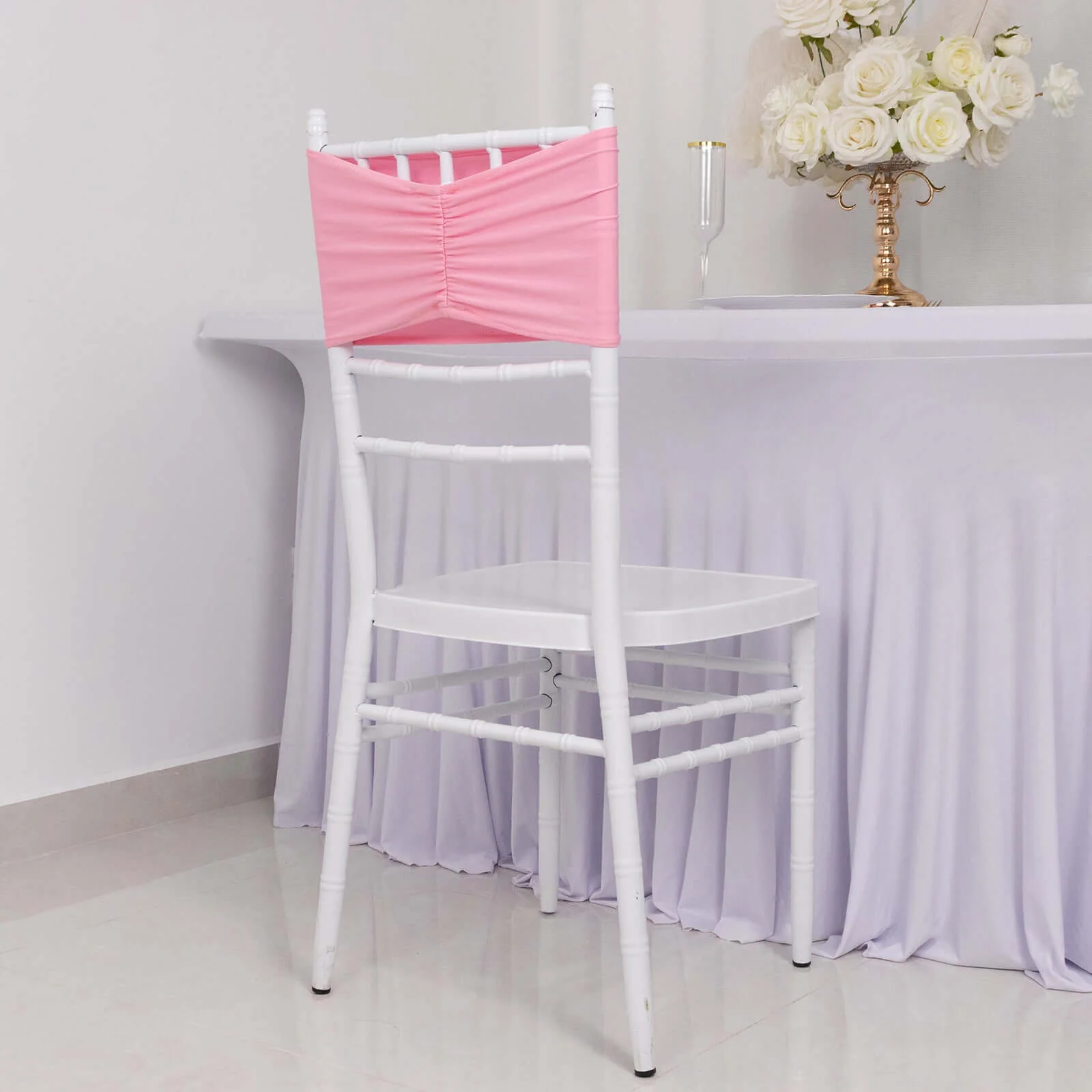 5 Pack Spandex Chair Sashes 8"x13" Pink Ruffled Style - Wide Wrinkle-Free Stretch Chair Bands - Image 9
