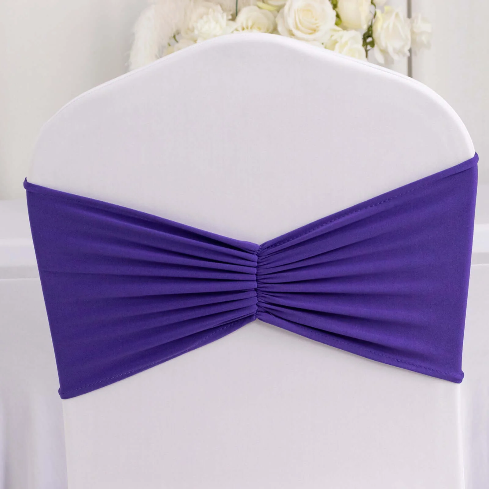 5 Pack Spandex Chair Sashes 8"x13" Purple Ruffled Style - Wide Wrinkle-Free Stretch Chair Bands