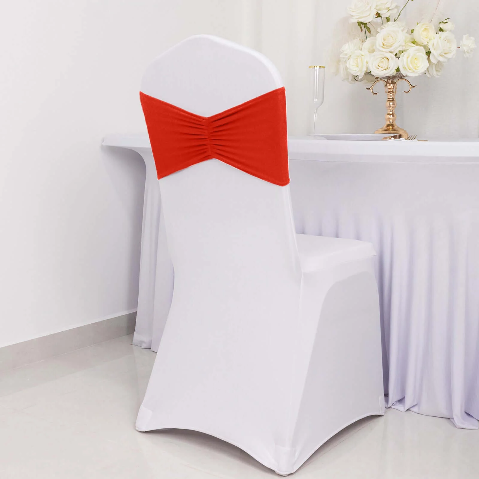 5 Pack Spandex Chair Sashes 8"x13" Red Ruffled Style - Wide Wrinkle-Free Stretch Chair Bands - Image 2