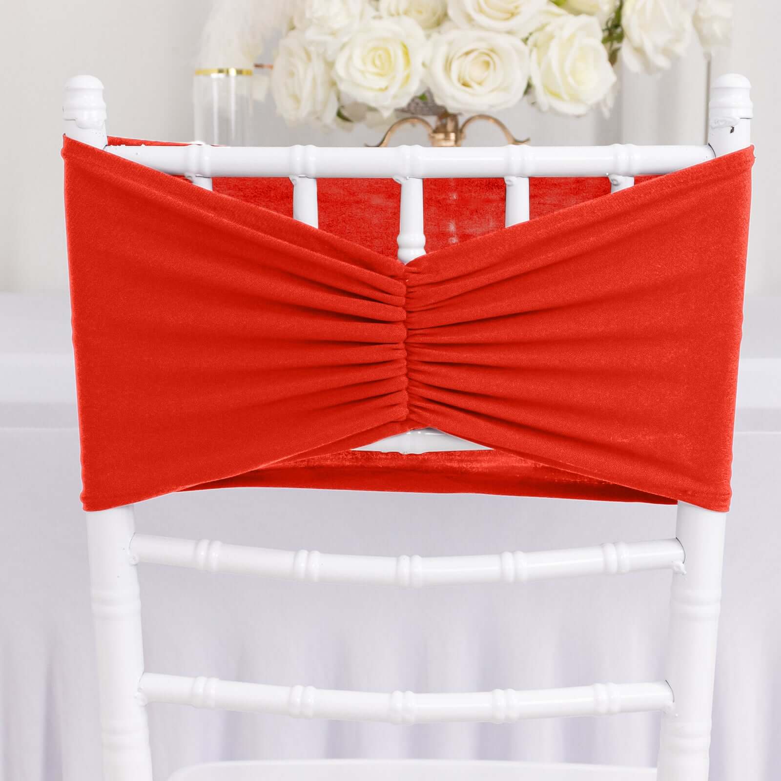 5 Pack Spandex Chair Sashes 8"x13" Red Ruffled Style - Wide Wrinkle-Free Stretch Chair Bands - Image 3