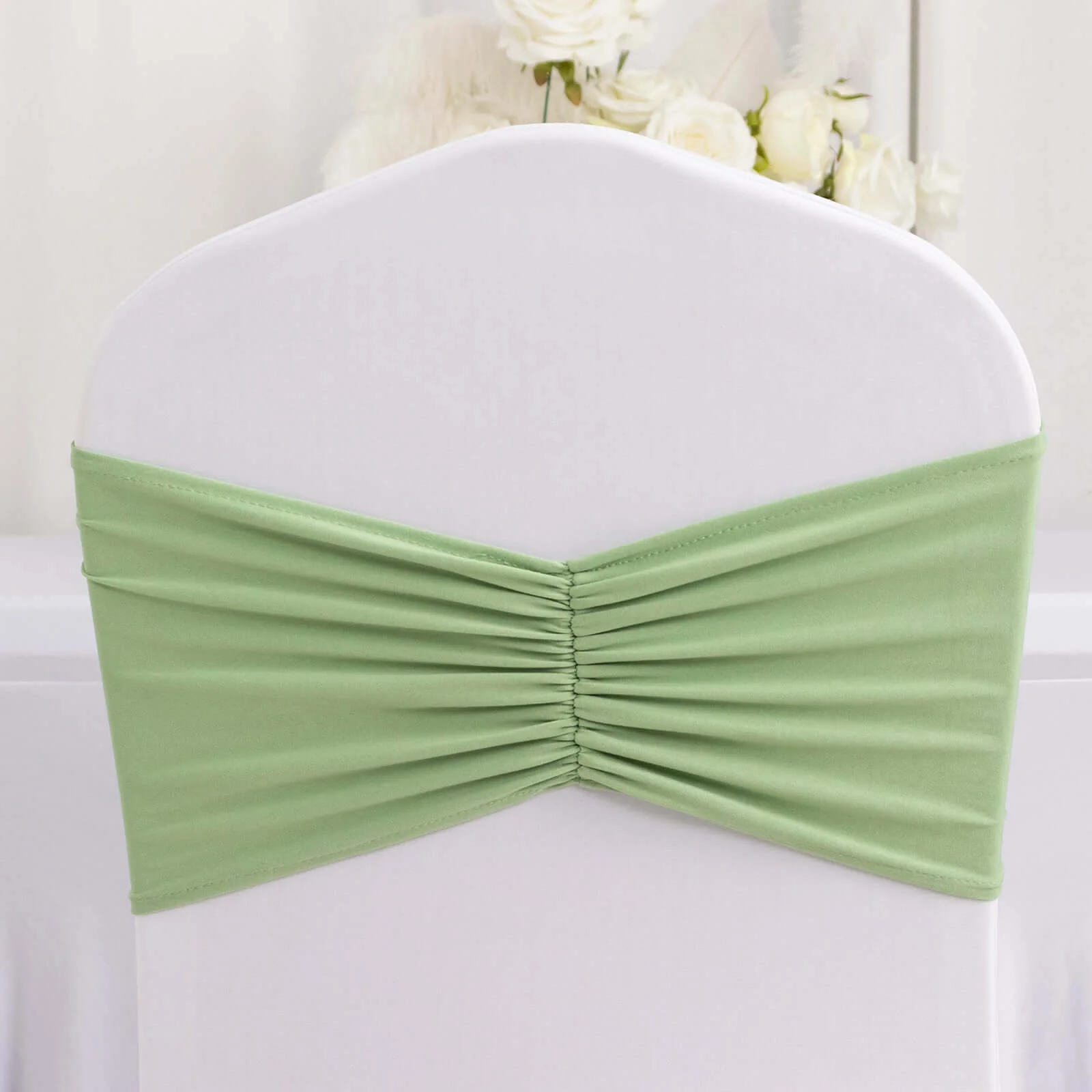 5 Pack Spandex Chair Sashes 8"x13" Sage Green Ruffled Style - Wide Wrinkle-Free Stretch Chair Bands