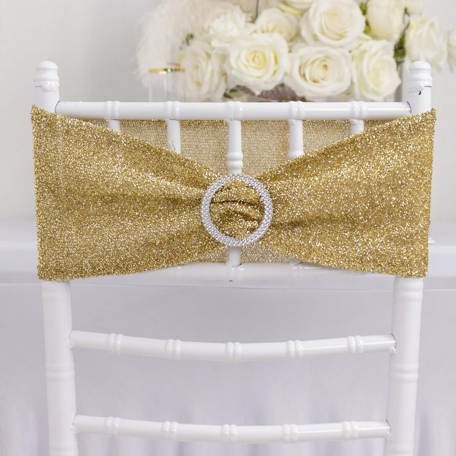 5 Pack Spandex Chair Sashes Champagne Shimmer Tinsel 5"x12" with Silver Rhinestone Buckles - Stylish Design