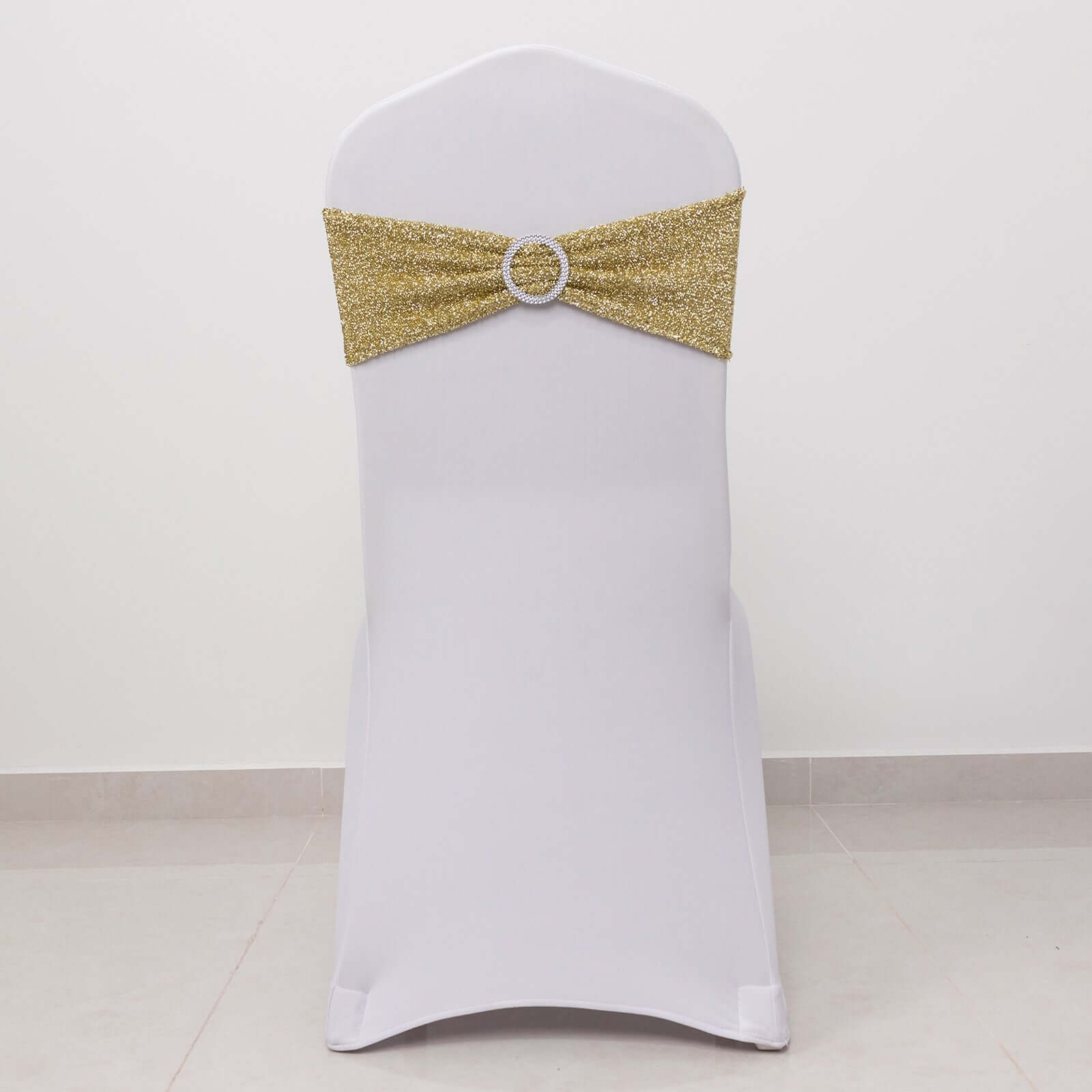 5 Pack Spandex Chair Sashes Champagne Shimmer Tinsel 5"x12" with Silver Rhinestone Buckles - Stylish Design - Image 2
