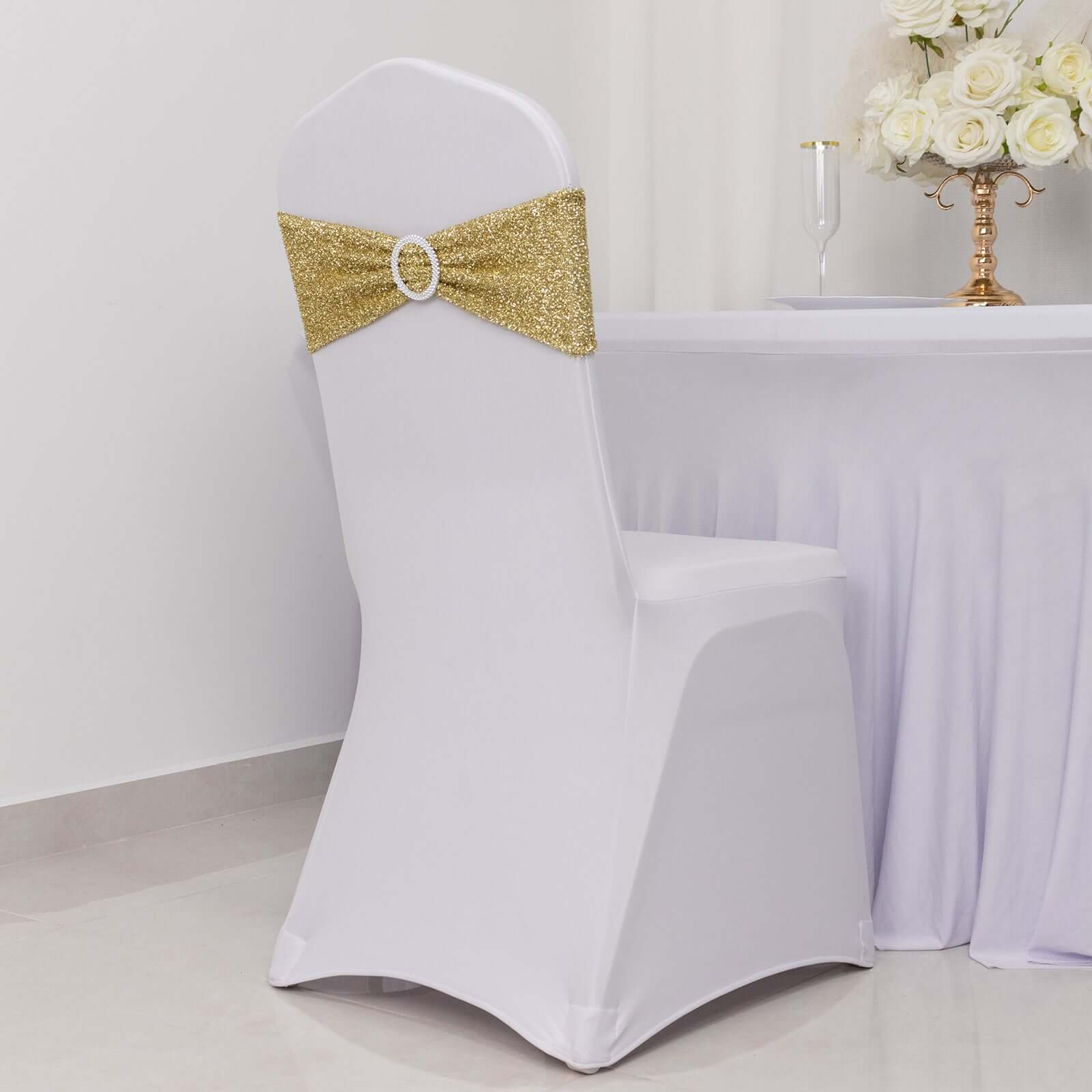 5 Pack Spandex Chair Sashes Champagne Shimmer Tinsel 5"x12" with Silver Rhinestone Buckles - Stylish Design - Image 5