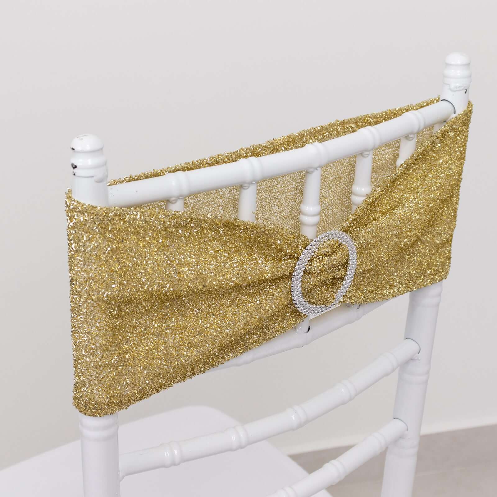 5 Pack Spandex Chair Sashes Champagne Shimmer Tinsel 5"x12" with Silver Rhinestone Buckles - Stylish Design - Image 6