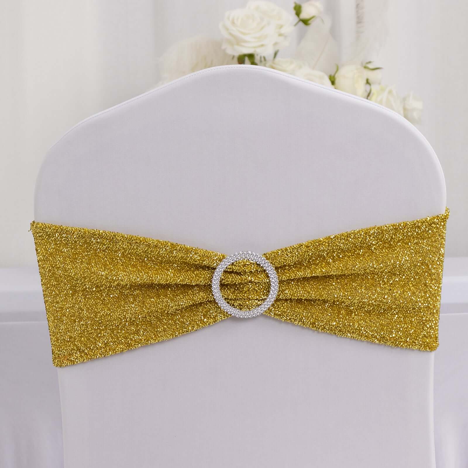 5 Pack Spandex Chair Sashes Gold Shimmer Tinsel 5"x12" with Silver Rhinestone Buckles - Stylish Design for Events - Image 3