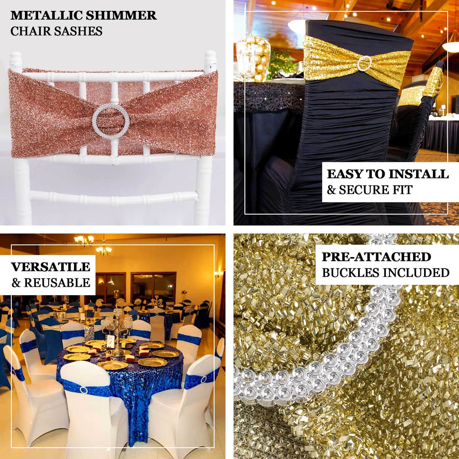 5 Pack Spandex Chair Sashes Gold Shimmer Tinsel 5"x12" with Silver Rhinestone Buckles - Stylish Design for Events - Image 4