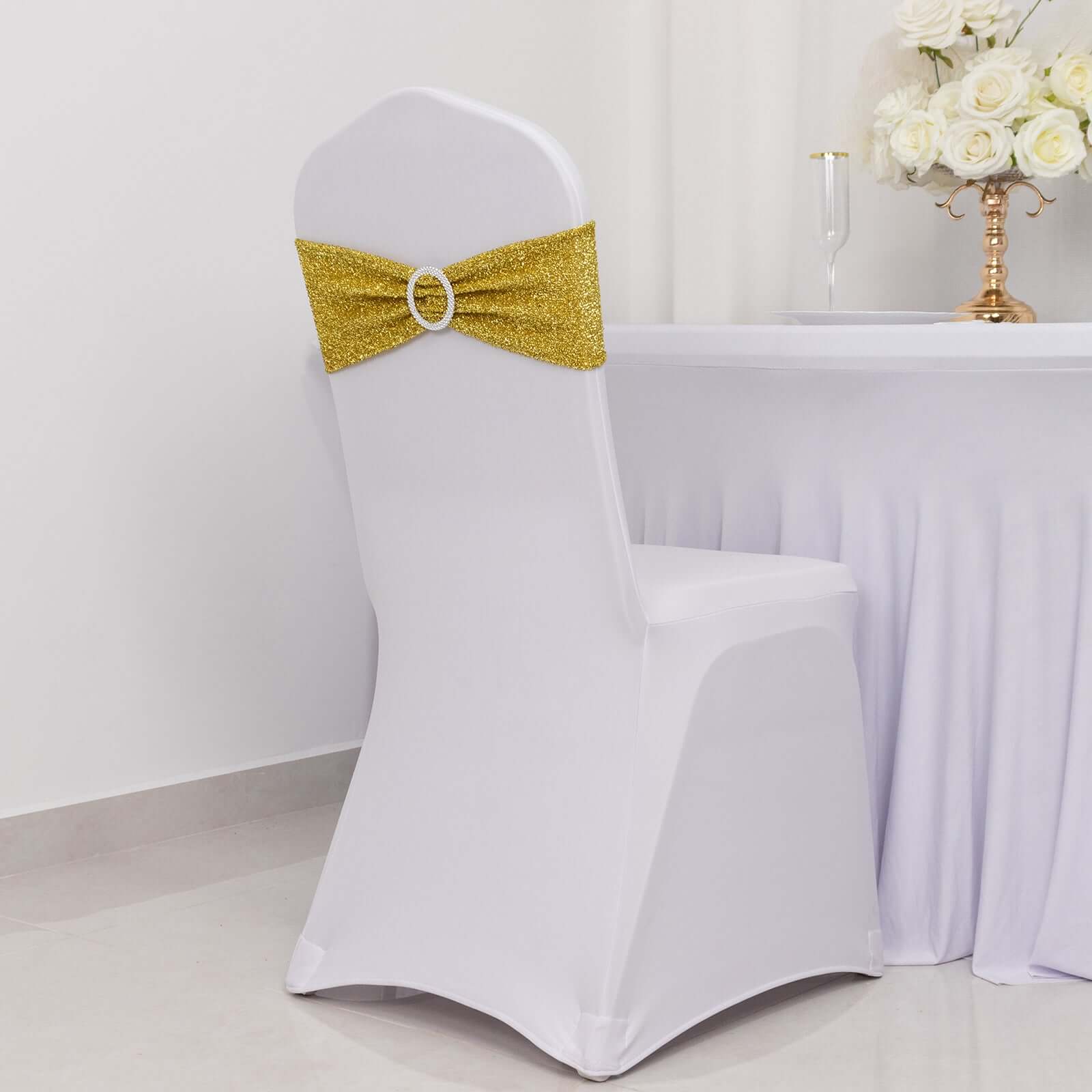 5 Pack Spandex Chair Sashes Gold Shimmer Tinsel 5"x12" with Silver Rhinestone Buckles - Stylish Design for Events - Image 5
