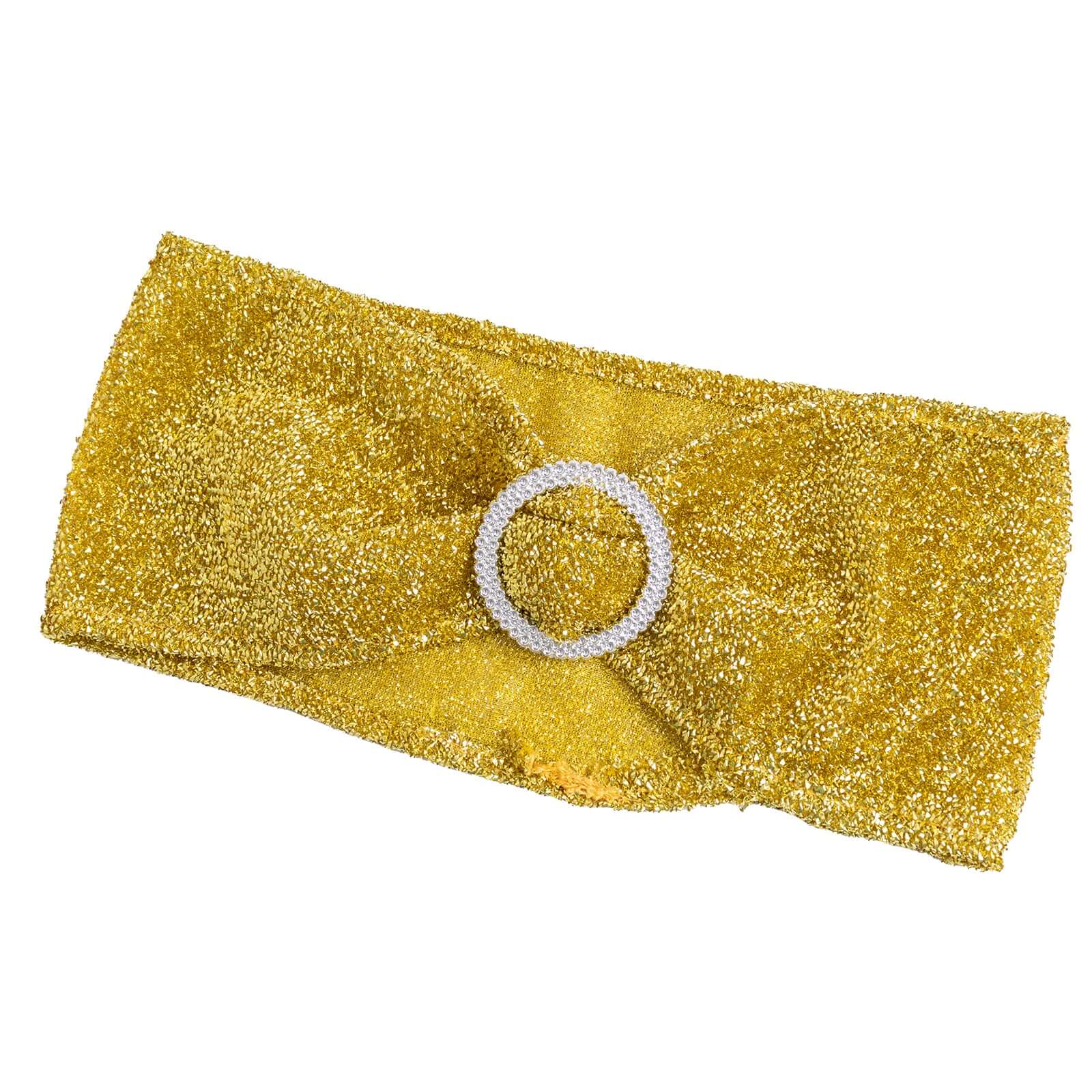 5 Pack Spandex Chair Sashes Gold Shimmer Tinsel 5"x12" with Silver Rhinestone Buckles - Stylish Design for Events - Image 7