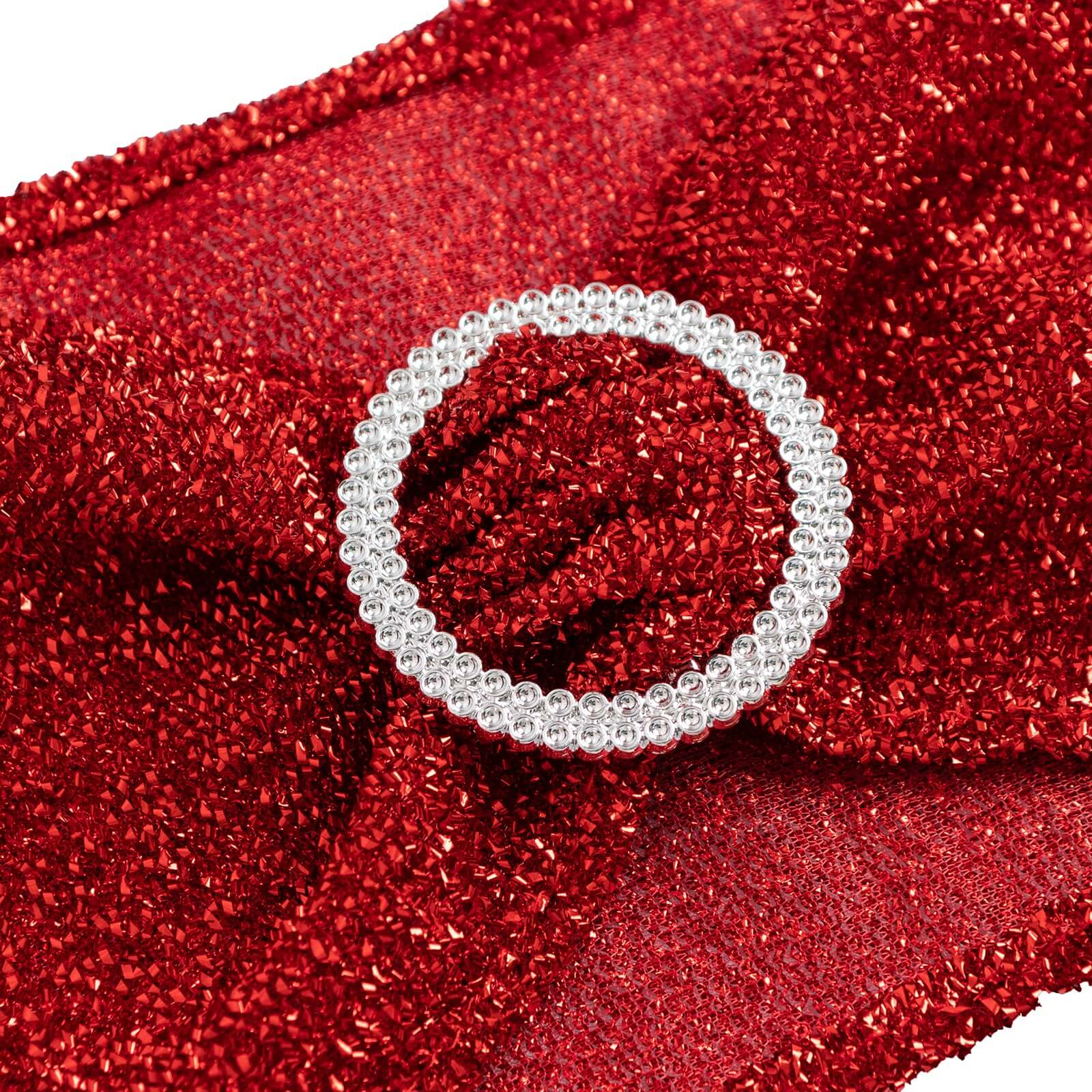 5 Pack Spandex Chair Sashes Red Shimmer Tinsel 5"x12" with Silver Rhinestone Buckles - Stylish Design - Image 10