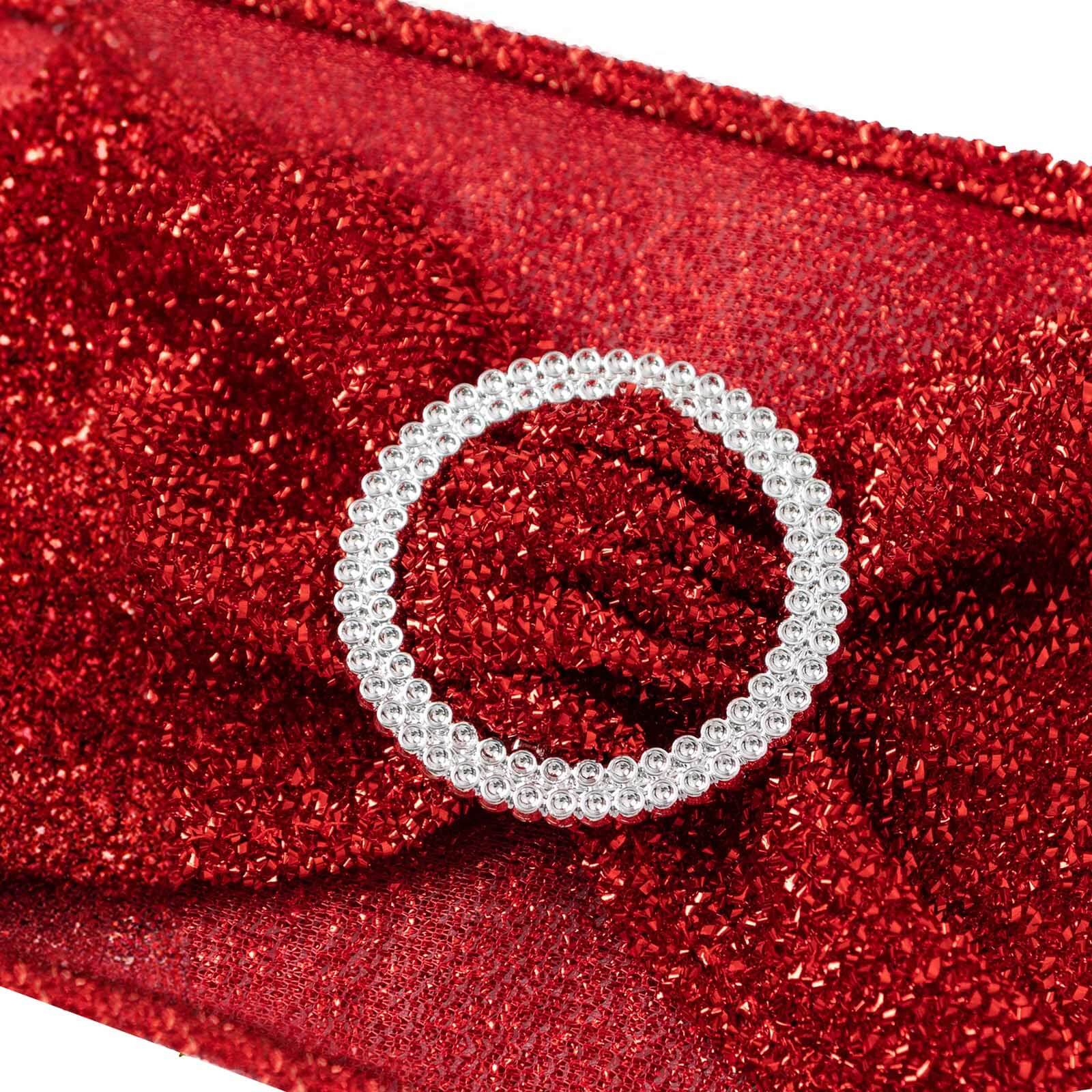 5 Pack Spandex Chair Sashes Red Shimmer Tinsel 5"x12" with Silver Rhinestone Buckles - Stylish Design - Image 11