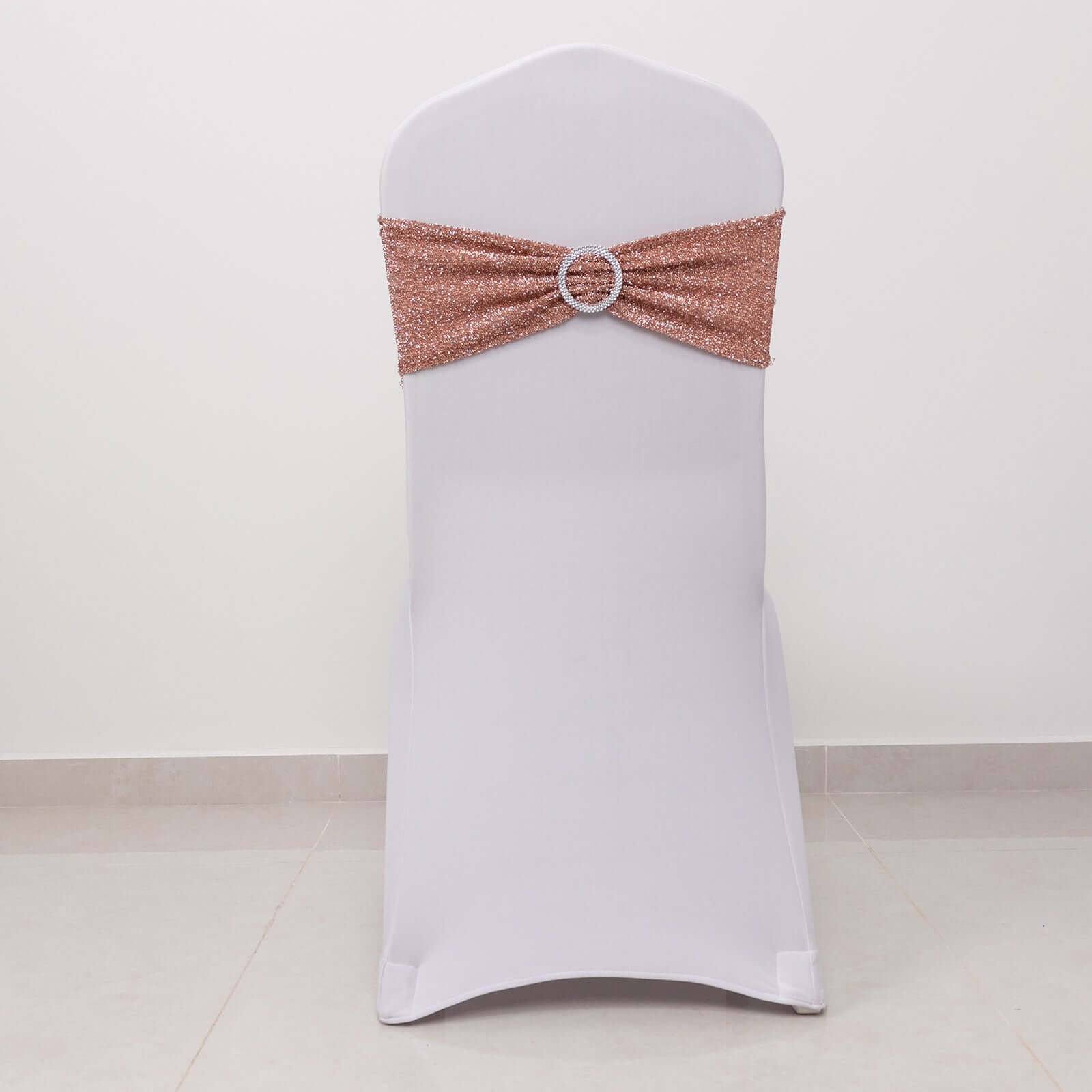 5 Pack Spandex Chair Sashes Rose Gold Shimmer Tinsel 5"x12" with Silver Rhinestone Buckles - Stylish Design - Image 2