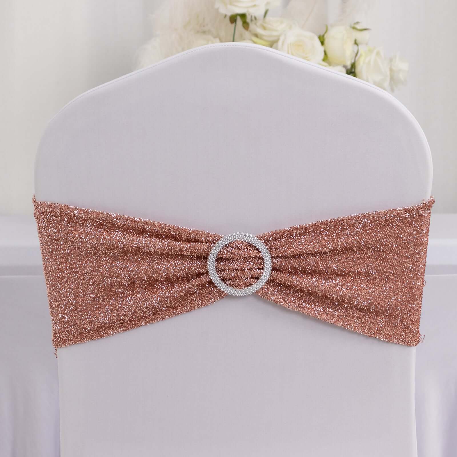 5 Pack Spandex Chair Sashes Rose Gold Shimmer Tinsel 5"x12" with Silver Rhinestone Buckles - Stylish Design - Image 3