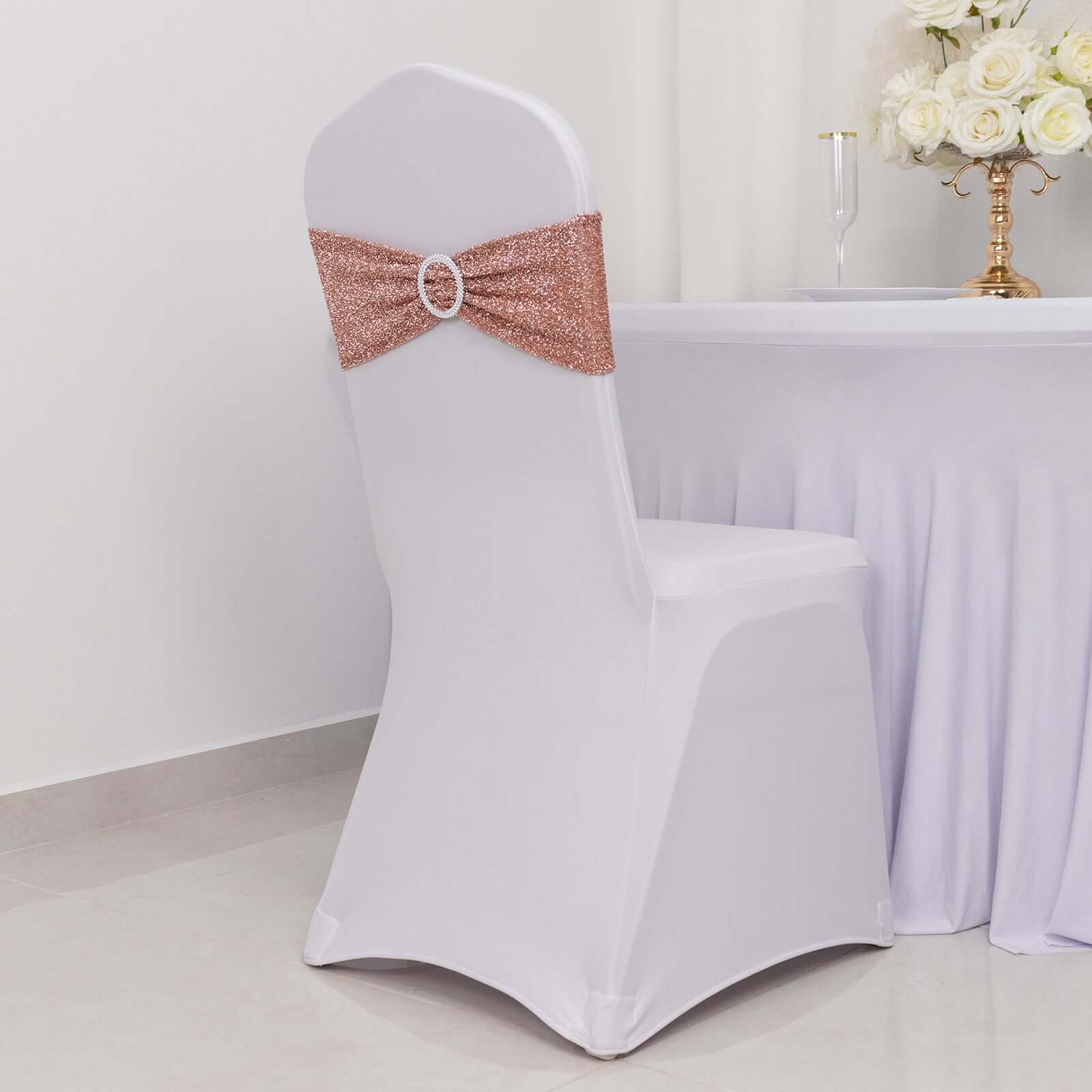 5 Pack Spandex Chair Sashes Rose Gold Shimmer Tinsel 5"x12" with Silver Rhinestone Buckles - Stylish Design - Image 5
