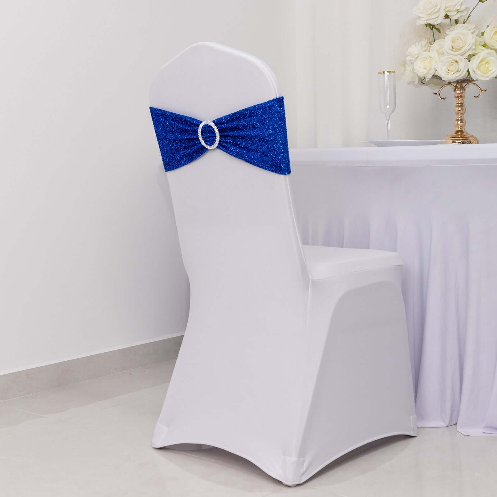 5 Pack Spandex Chair Sashes Royal Blue Shimmer Tinsel 5"x12" with Silver Rhinestone Buckles - Stylish Design - Image 5