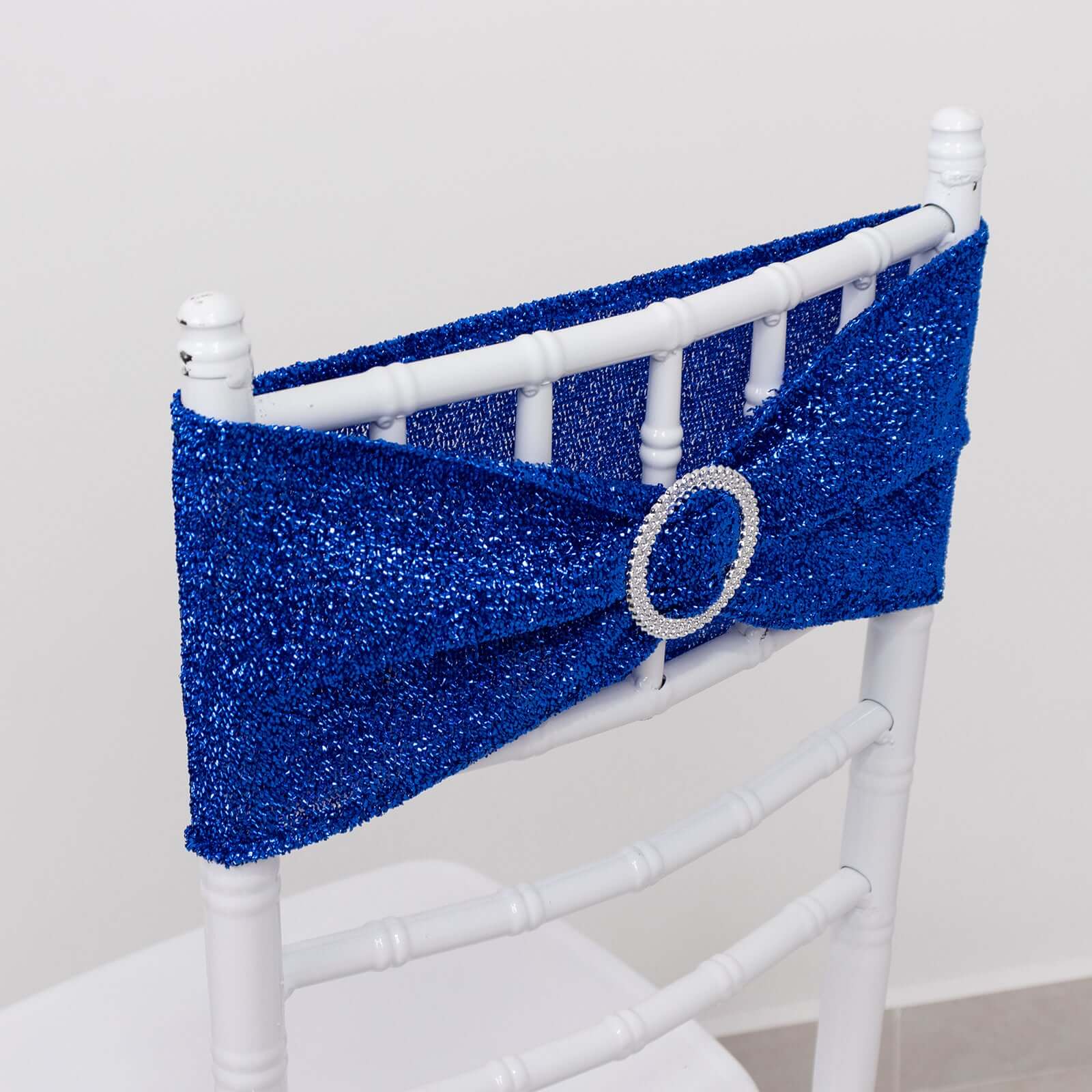 5 Pack Spandex Chair Sashes Royal Blue Shimmer Tinsel 5"x12" with Silver Rhinestone Buckles - Stylish Design - Image 6