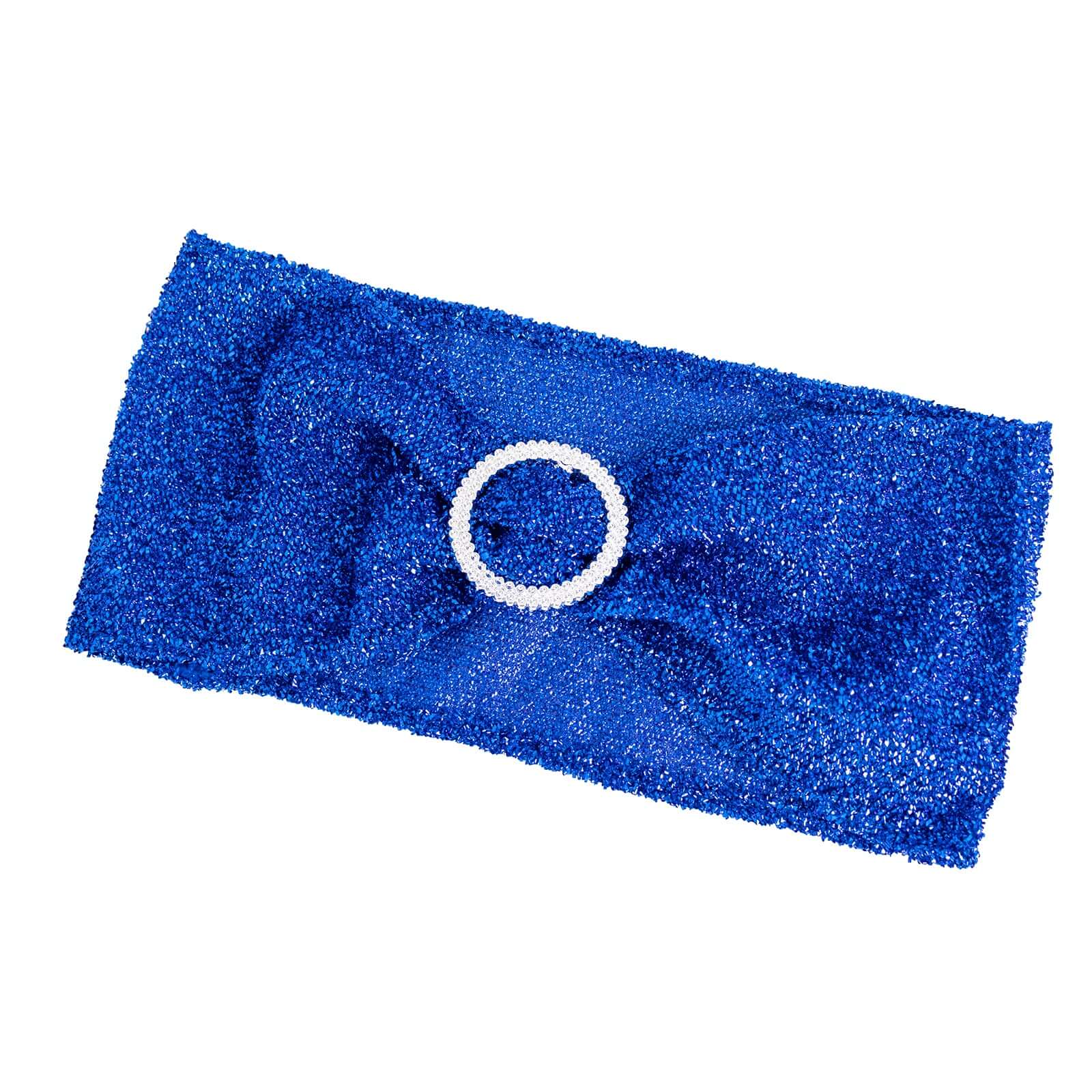 5 Pack Spandex Chair Sashes Royal Blue Shimmer Tinsel 5"x12" with Silver Rhinestone Buckles - Stylish Design - Image 7